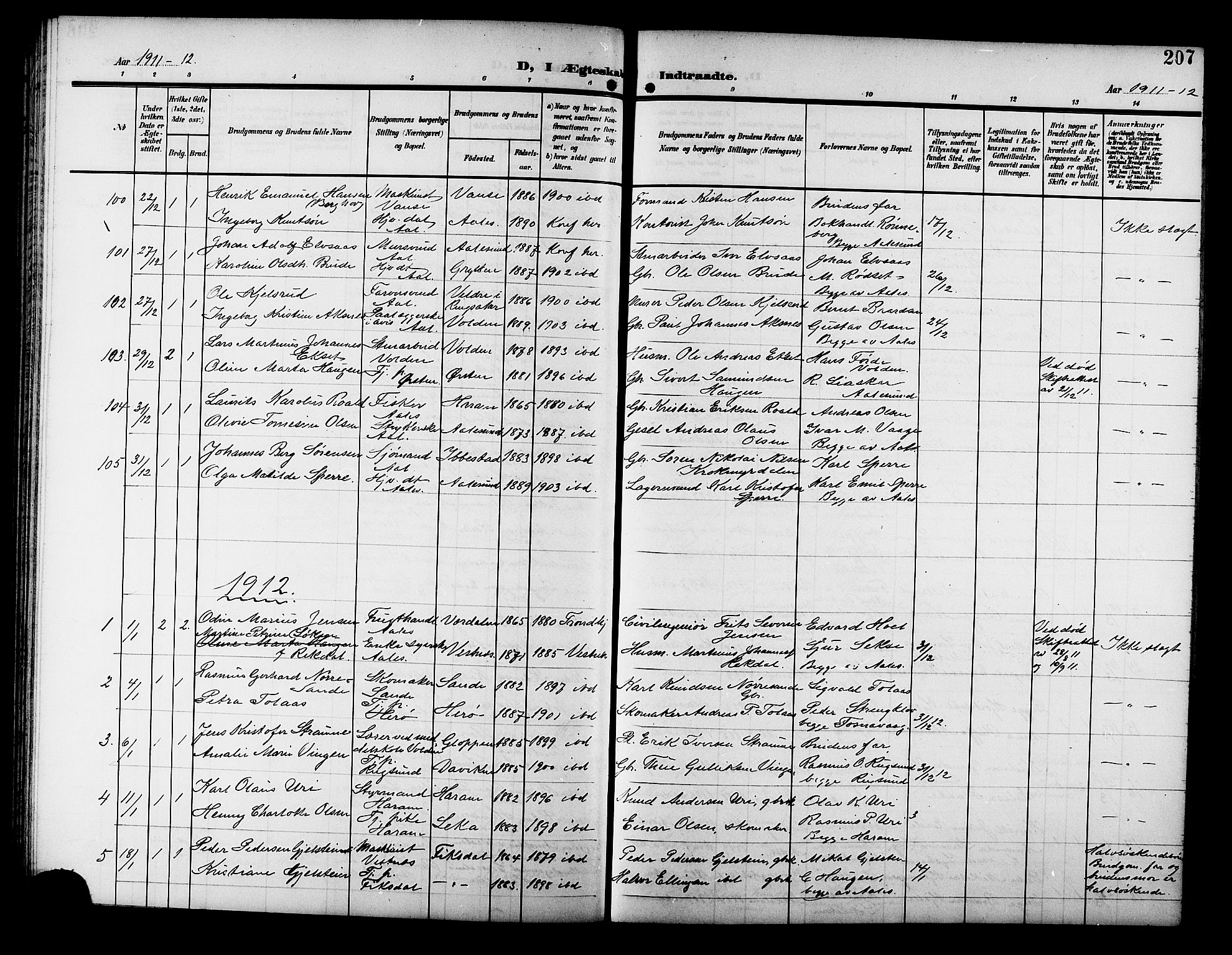 Ministerialprotokoller, klokkerbøker og fødselsregistre - Møre og Romsdal, SAT/A-1454/529/L0470: Klokkerbok nr. 529C07, 1907-1917, s. 207