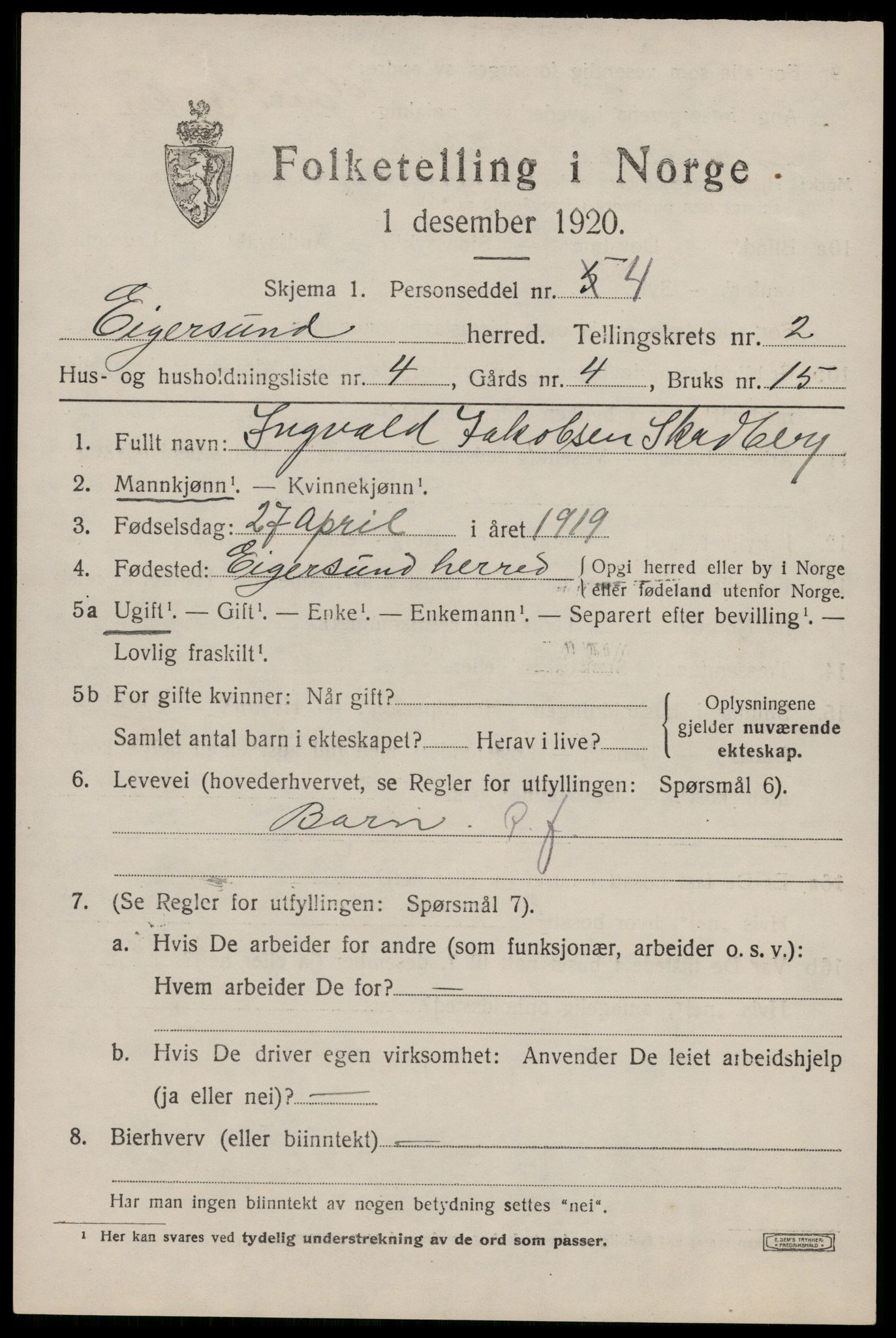 SAST, Folketelling 1920 for 1116 Eigersund herred, 1920, s. 1649