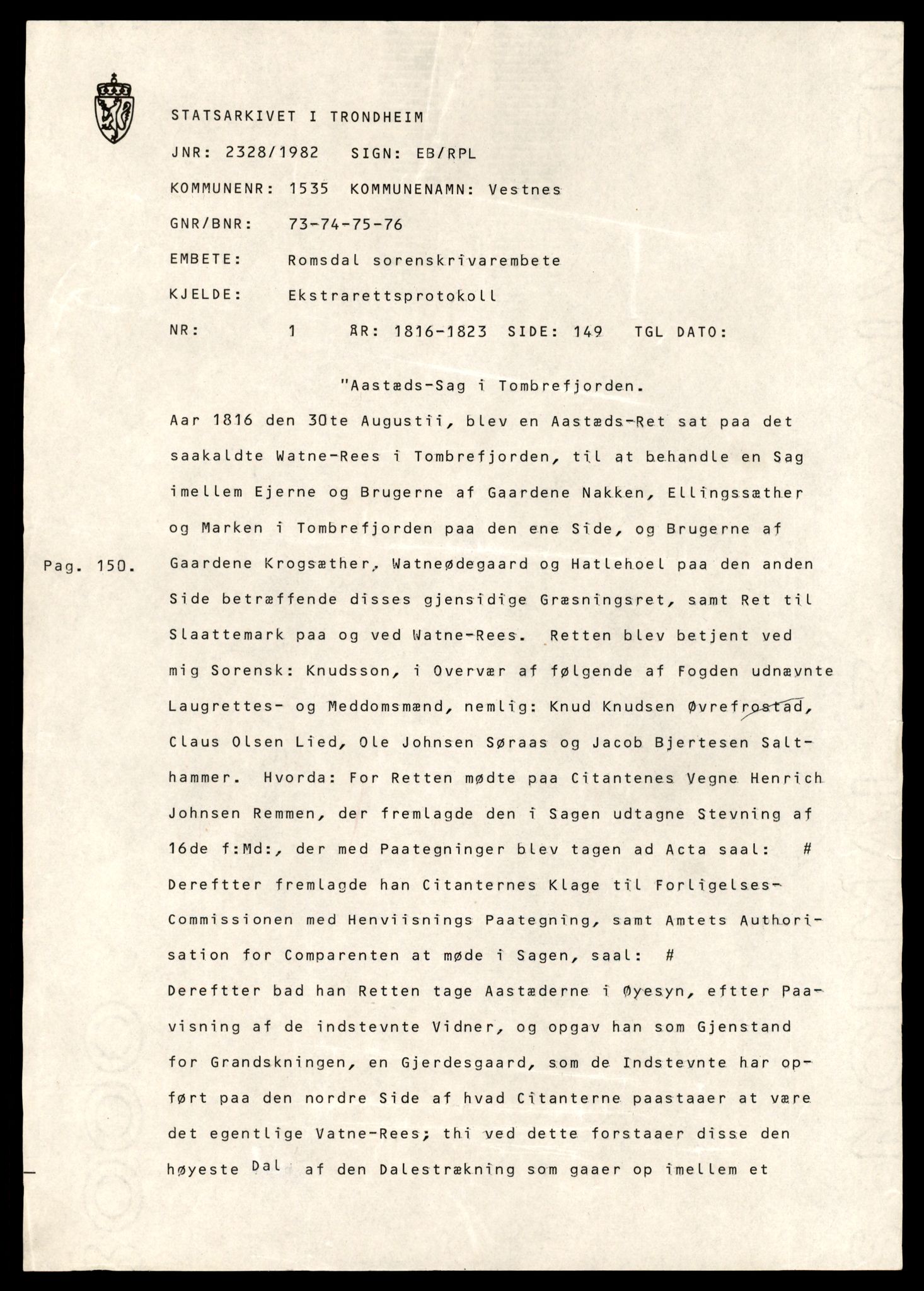 Statsarkivet i Trondheim, AV/SAT-A-4183/J/Jd/L0033: Ekstrarettsprotokoller, 1816 - 1840, 1816-1832