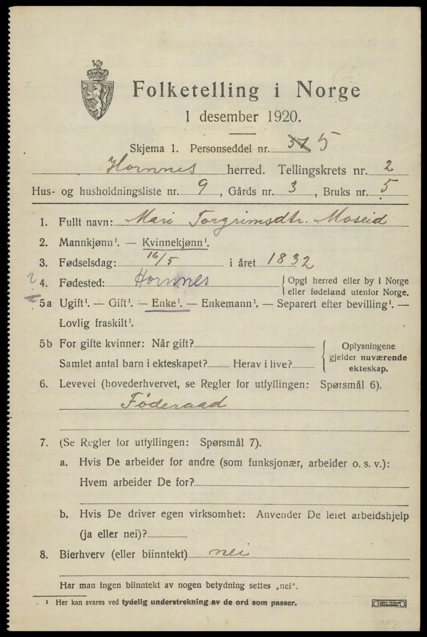 SAK, Folketelling 1920 for 0936 Hornnes herred, 1920, s. 801