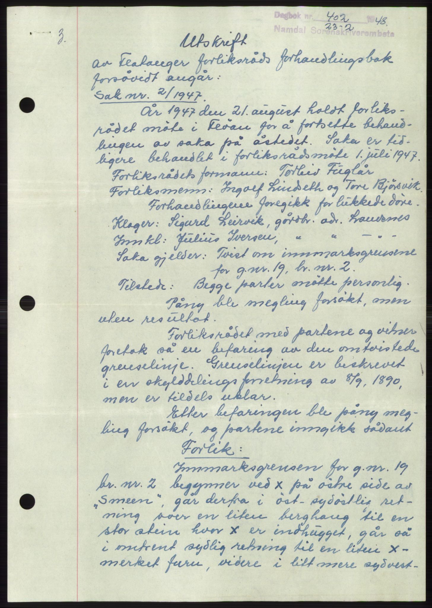 Namdal sorenskriveri, SAT/A-4133/1/2/2C: Pantebok nr. -, 1947-1948, Dagboknr: 402/1948