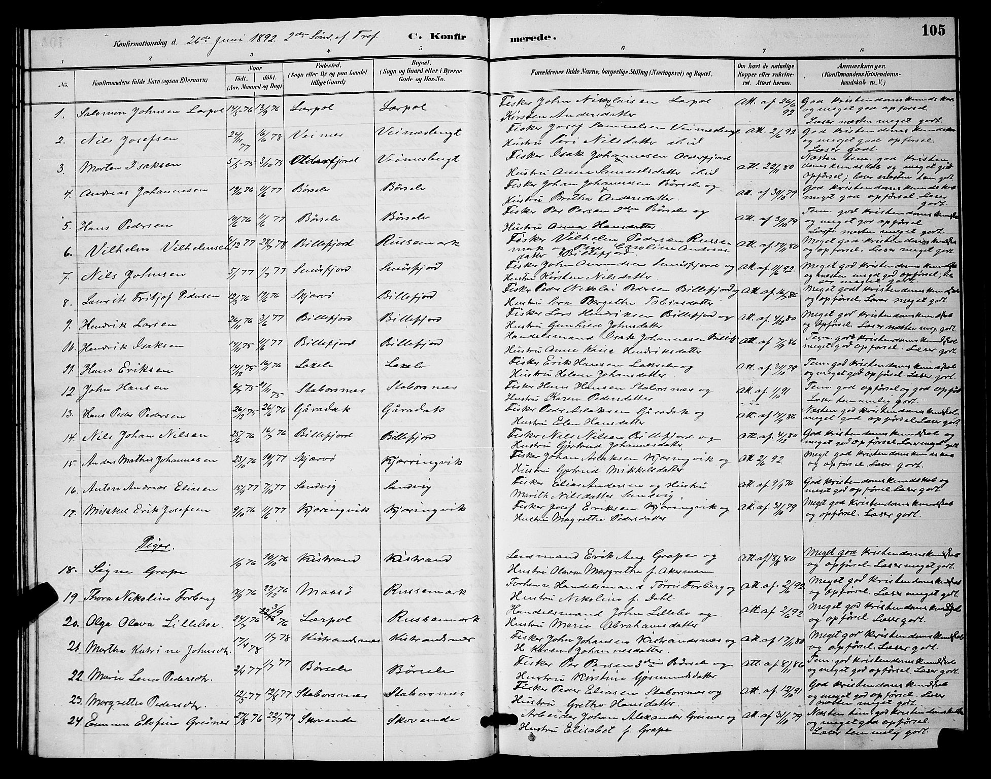 Kistrand/Porsanger sokneprestembete, AV/SATØ-S-1351/H/Hb/L0004.klokk: Klokkerbok nr. 4, 1885-1894, s. 105