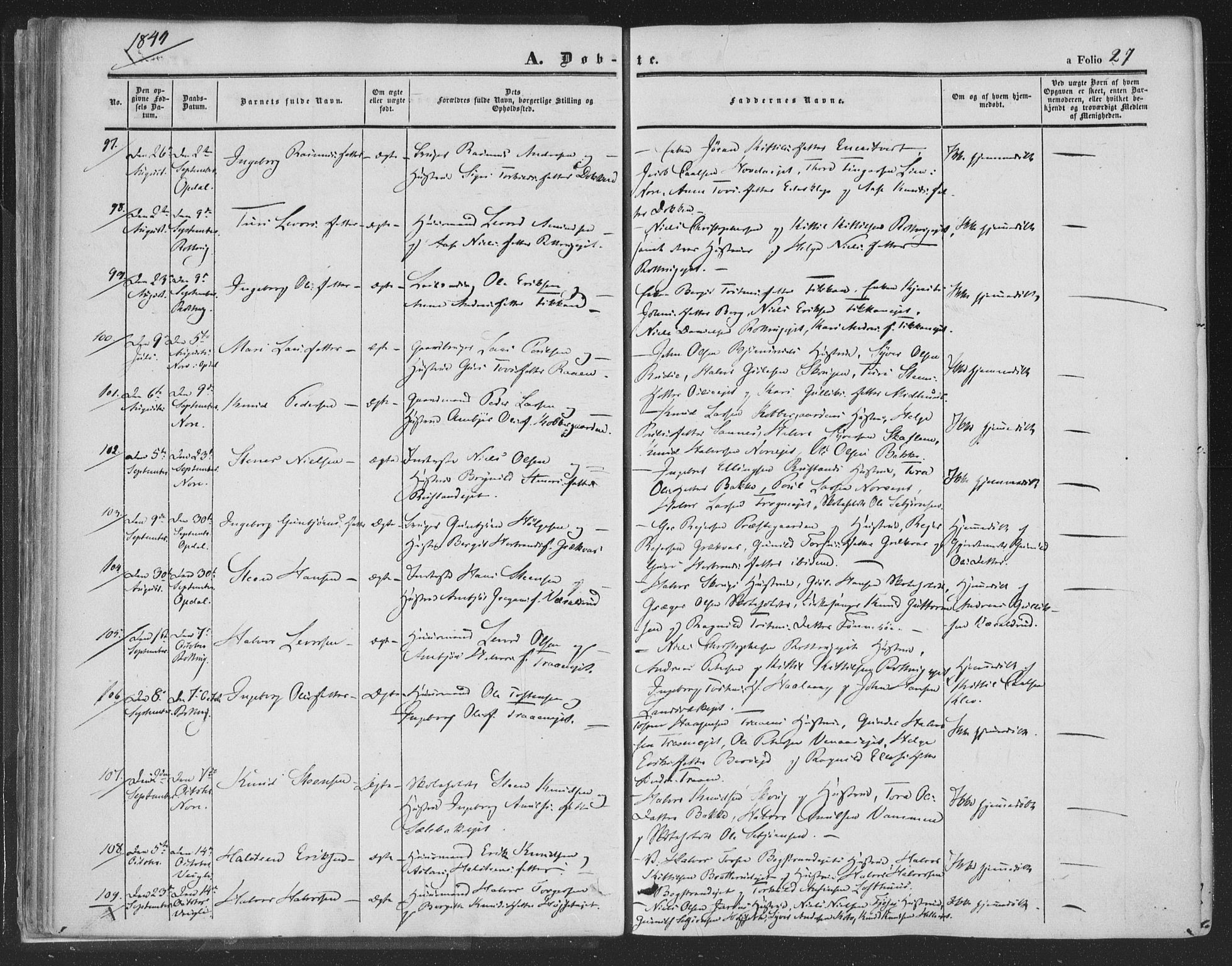 Rollag kirkebøker, AV/SAKO-A-240/F/Fa/L0008: Ministerialbok nr. I 8, 1847-1860, s. 27