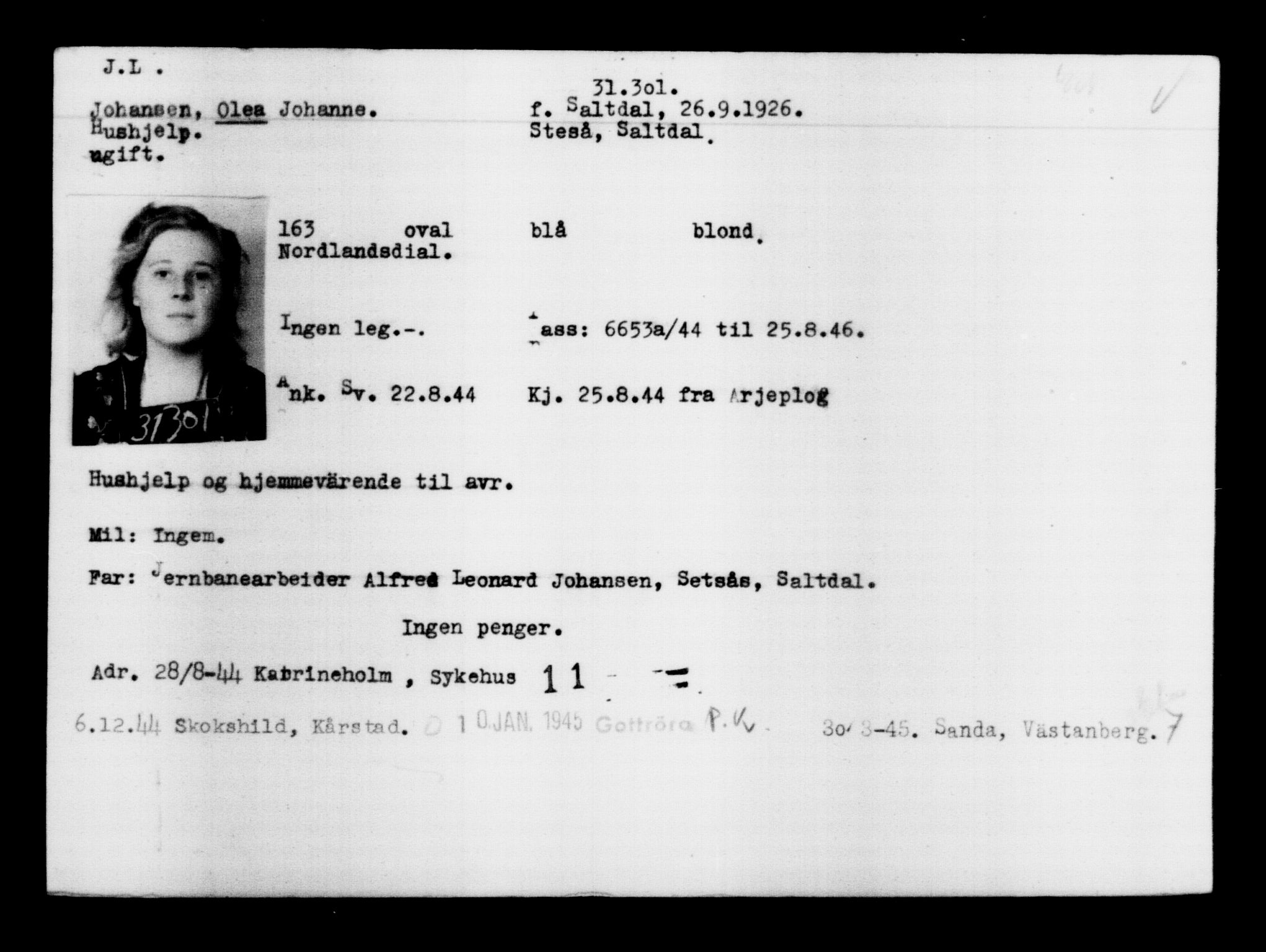Utenriksstasjonene, Legasjonen i Stockholm, Flyktningkontoret, AV/RA-S-6753/V/Va/L0012: Kjesäterkartoteket, flyktninger med registreringsnr. 28300-31566, 1940-1945, s. 3251