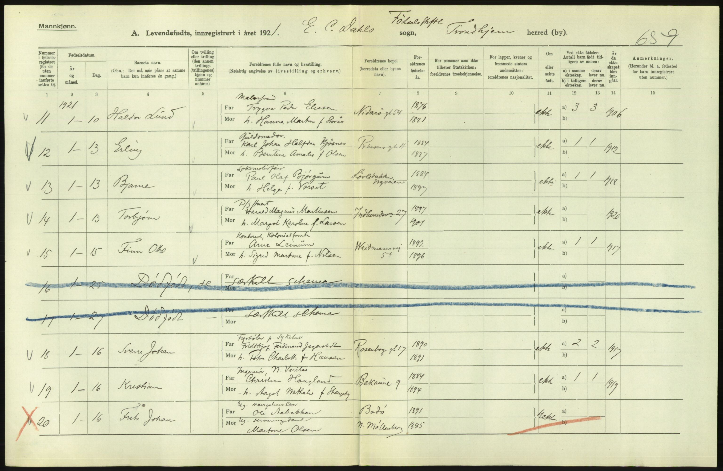 Statistisk sentralbyrå, Sosiodemografiske emner, Befolkning, AV/RA-S-2228/D/Df/Dfc/Dfca/L0045: Trondheim: Levendefødte menn og kvinner, gifte., 1921, s. 654