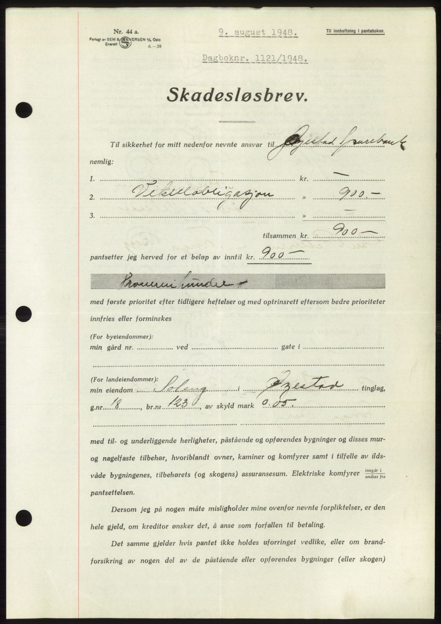 Nedenes sorenskriveri, AV/SAK-1221-0006/G/Gb/Gbb/L0005: Pantebok nr. B5, 1948-1948, Dagboknr: 1121/1948