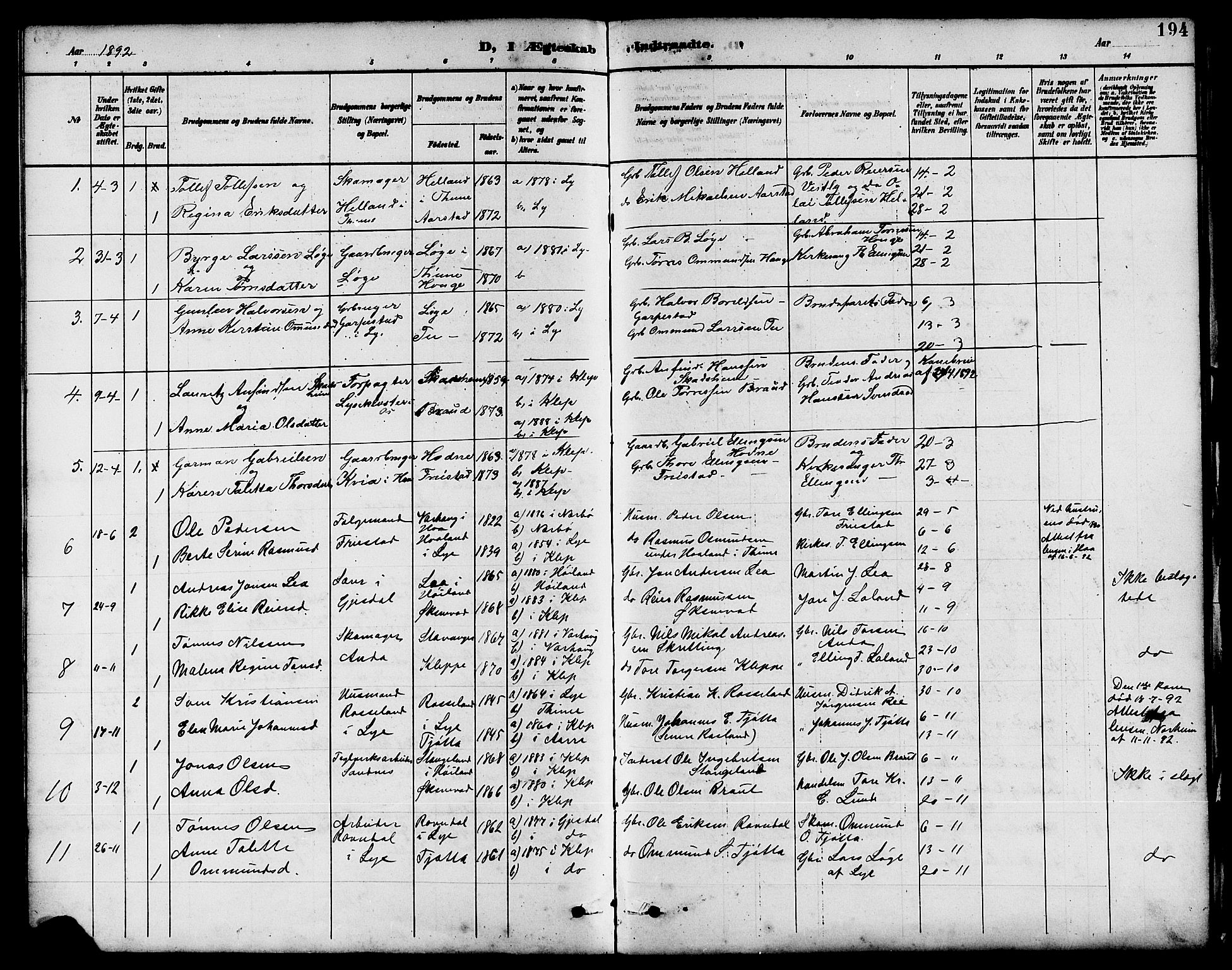 Klepp sokneprestkontor, AV/SAST-A-101803/001/3/30BB/L0004: Klokkerbok nr. B 4, 1889-1914, s. 194
