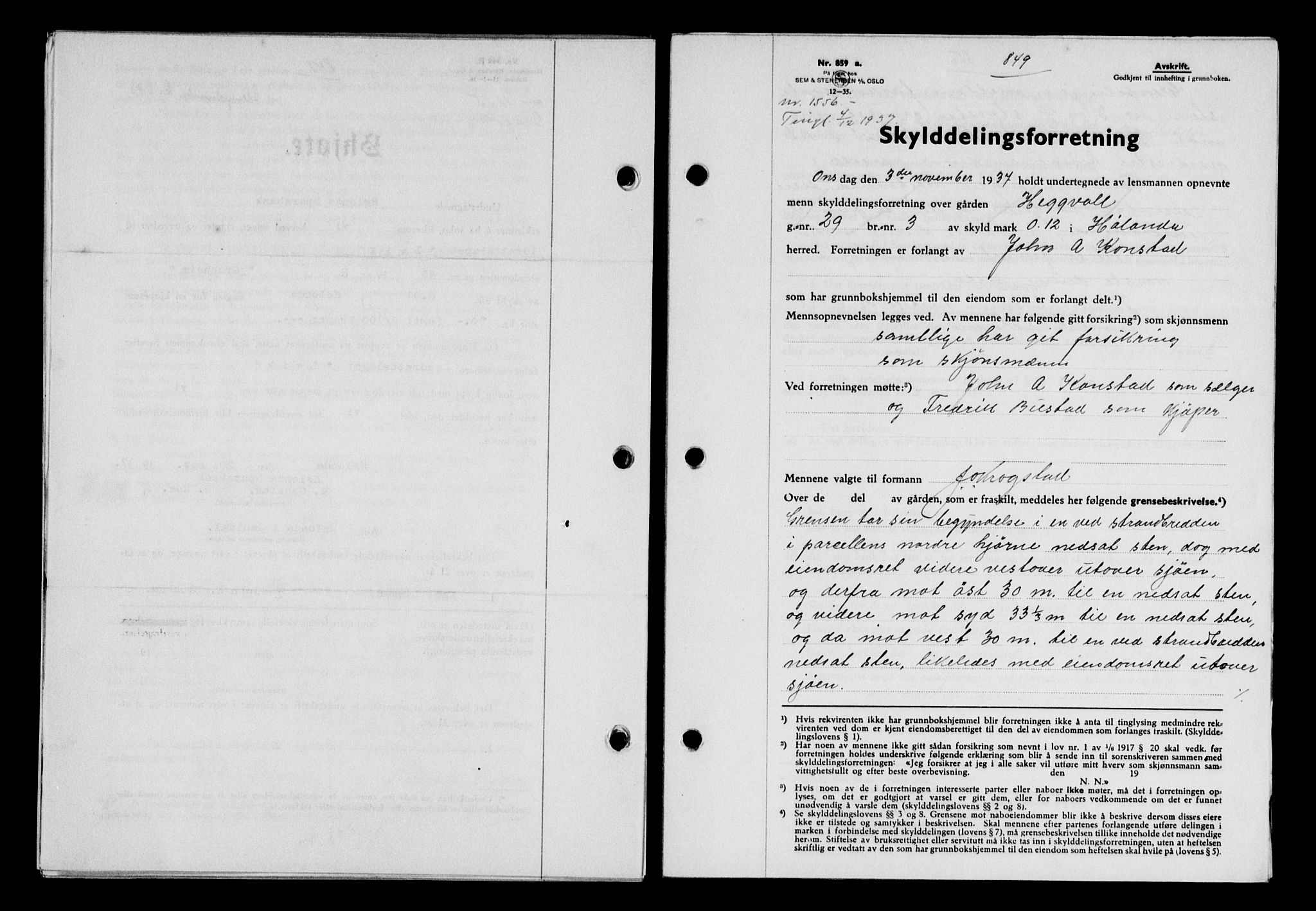 Gauldal sorenskriveri, SAT/A-0014/1/2/2C/L0048: Pantebok nr. 51-52, 1937-1938, s. 849, Dagboknr: 1556/1937