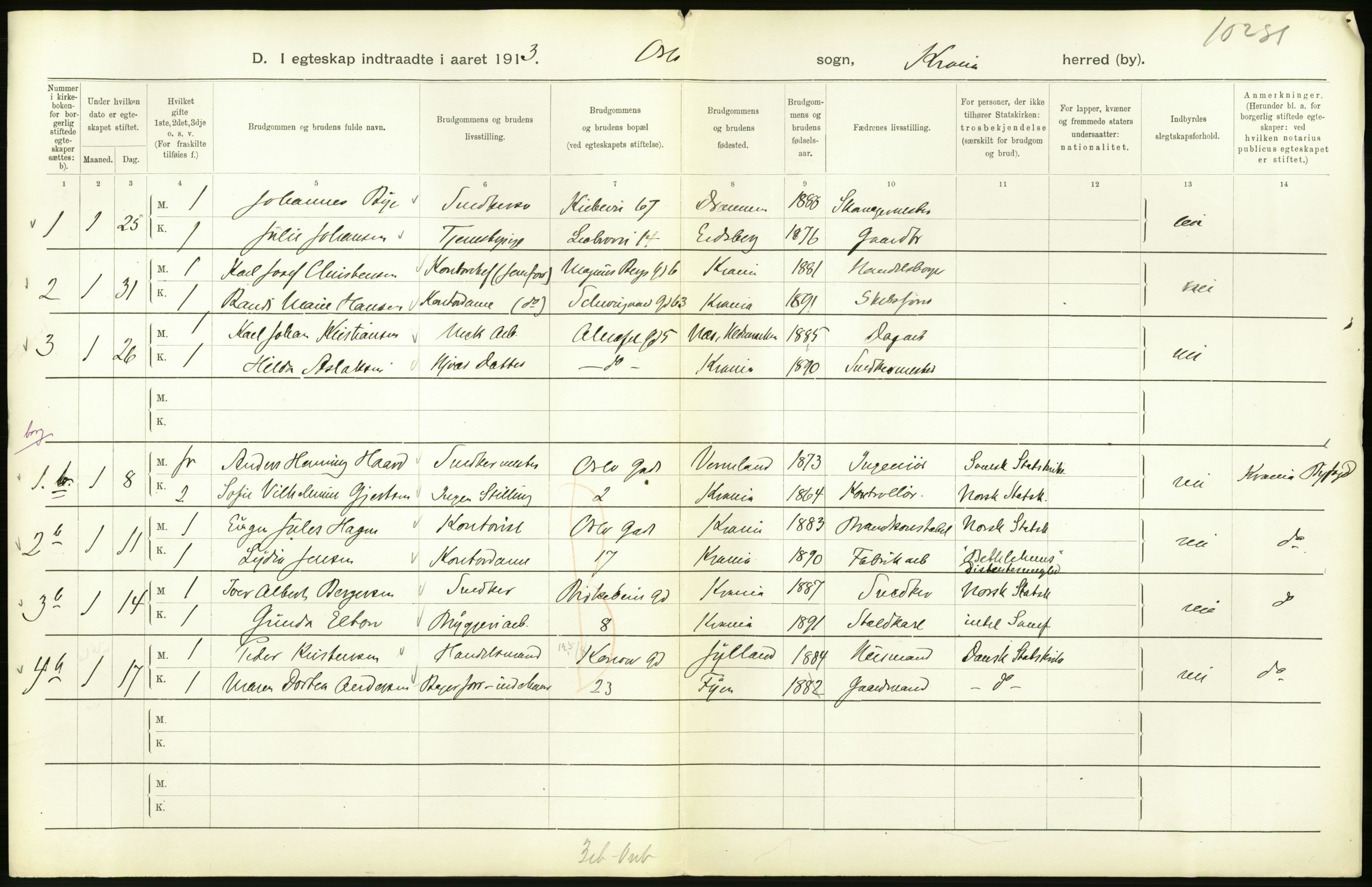 Statistisk sentralbyrå, Sosiodemografiske emner, Befolkning, RA/S-2228/D/Df/Dfb/Dfbc/L0008: Kristiania: Gifte., 1913, s. 112