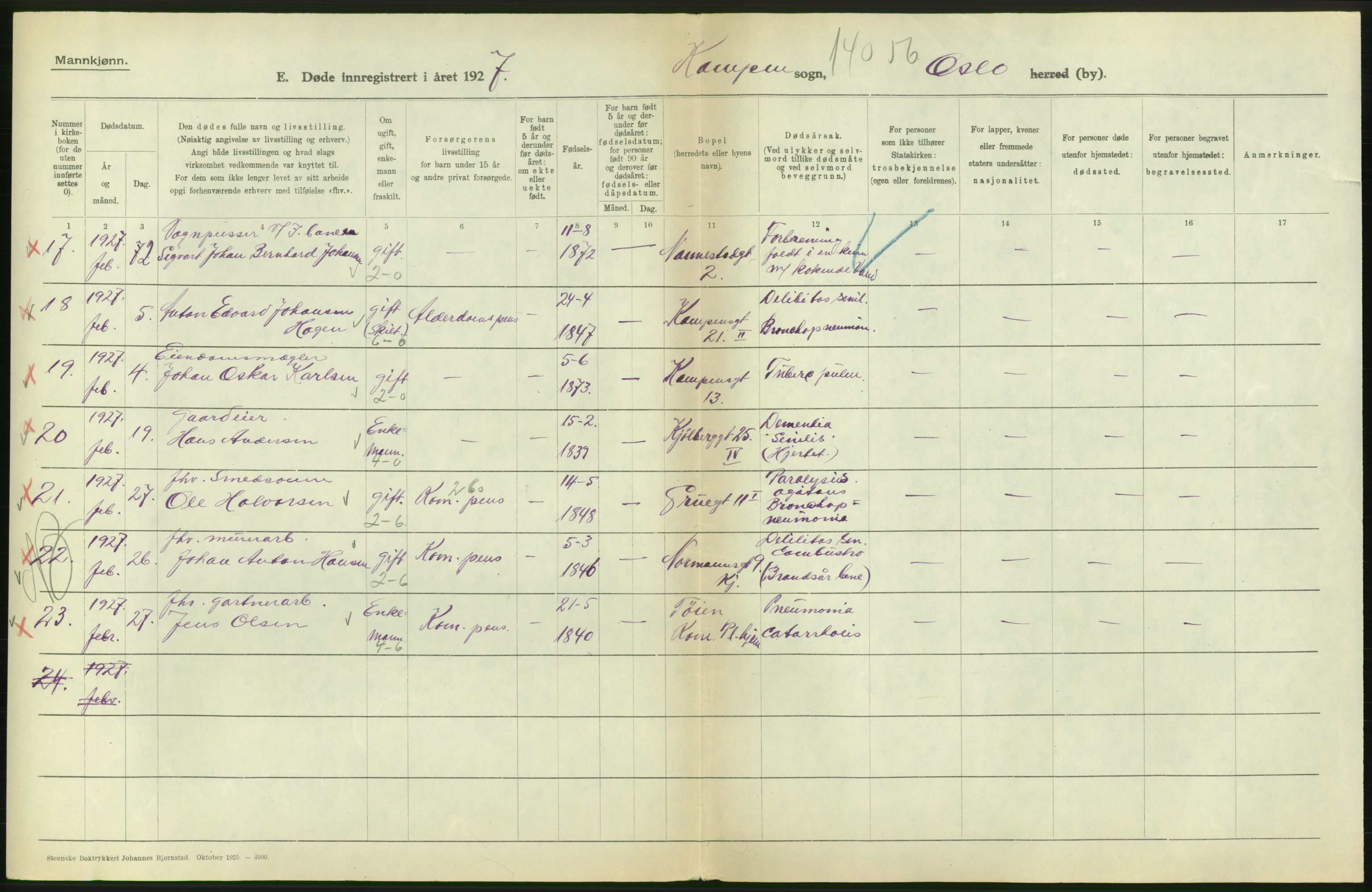 Statistisk sentralbyrå, Sosiodemografiske emner, Befolkning, AV/RA-S-2228/D/Df/Dfc/Dfcg/L0009: Oslo: Døde menn, 1927, s. 482