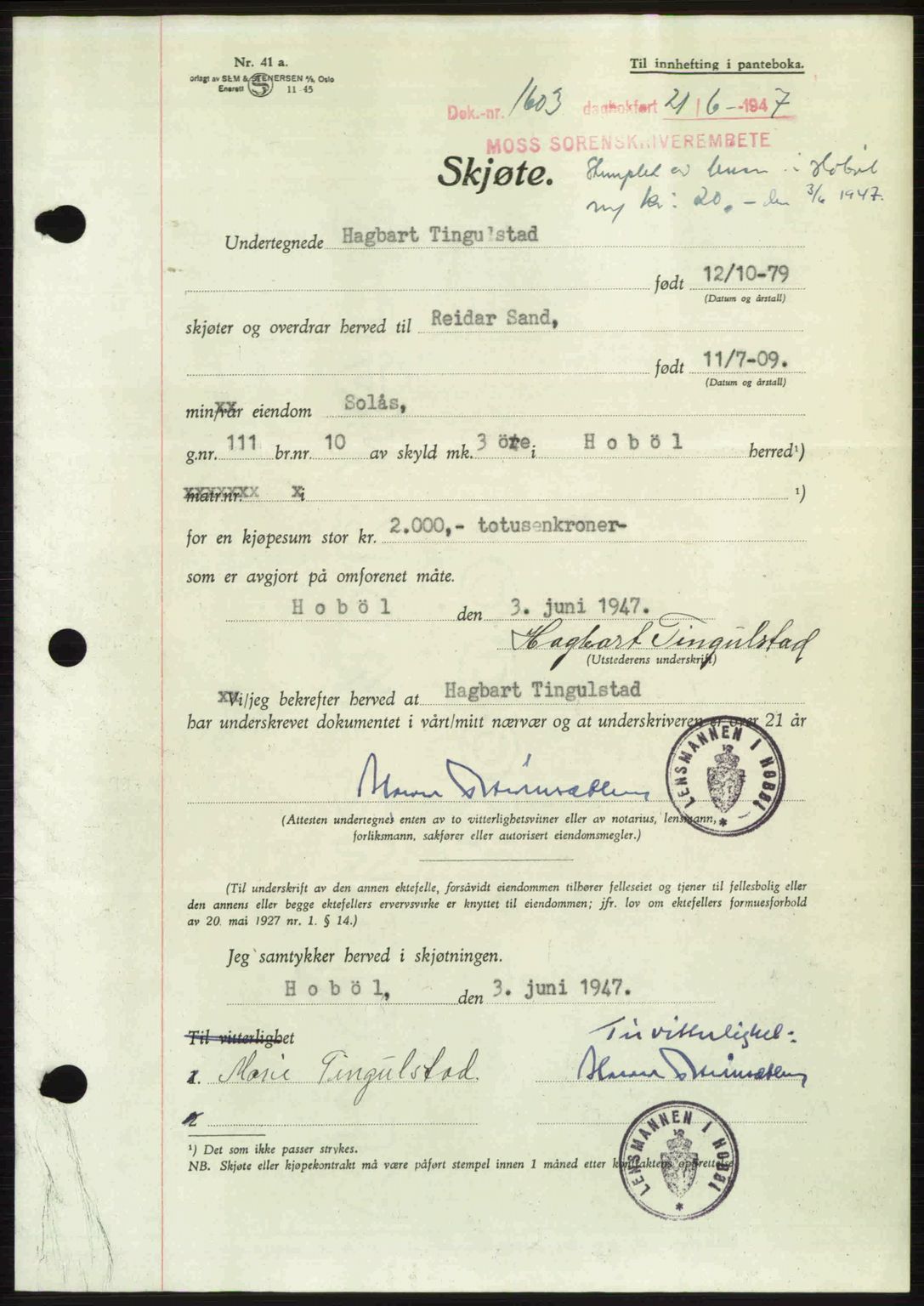 Moss sorenskriveri, SAO/A-10168: Pantebok nr. A17, 1947-1947, Dagboknr: 1603/1947