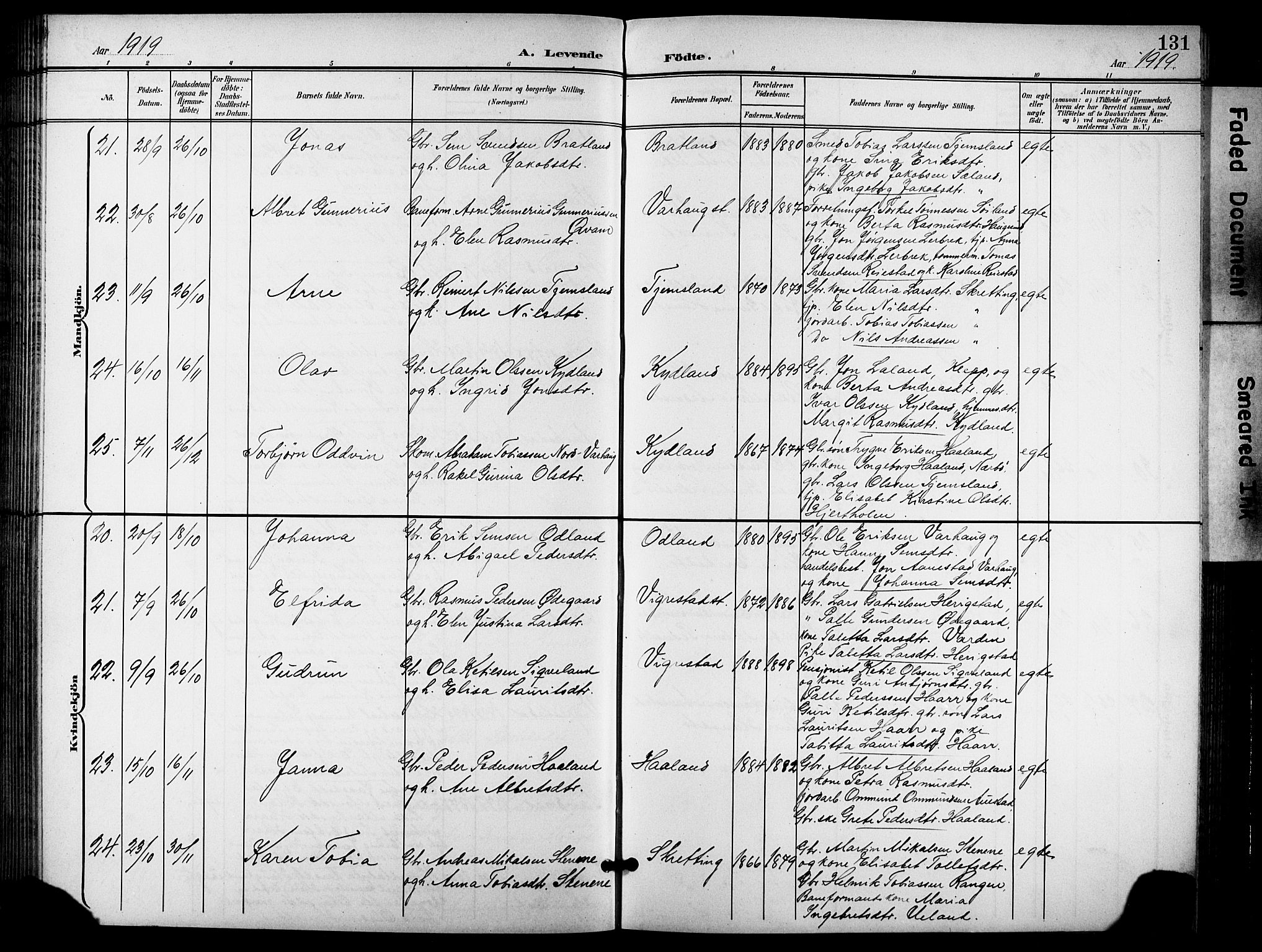 Hå sokneprestkontor, AV/SAST-A-101801/001/30BB/L0006: Klokkerbok nr. B 6, 1900-1924, s. 131