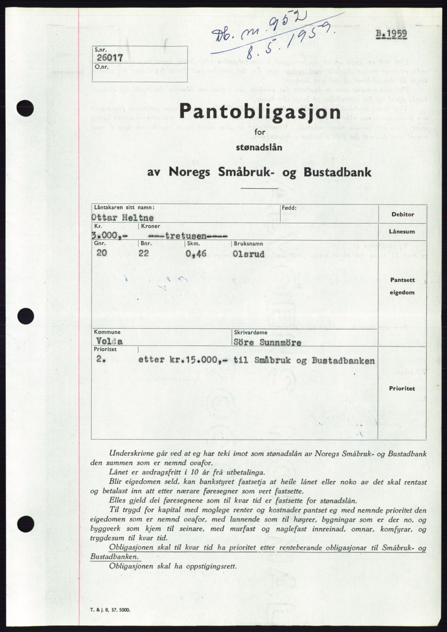 Søre Sunnmøre sorenskriveri, SAT/A-4122/1/2/2C/L0133: Pantebok nr. 21B, 1959-1959, Dagboknr: 952/1959