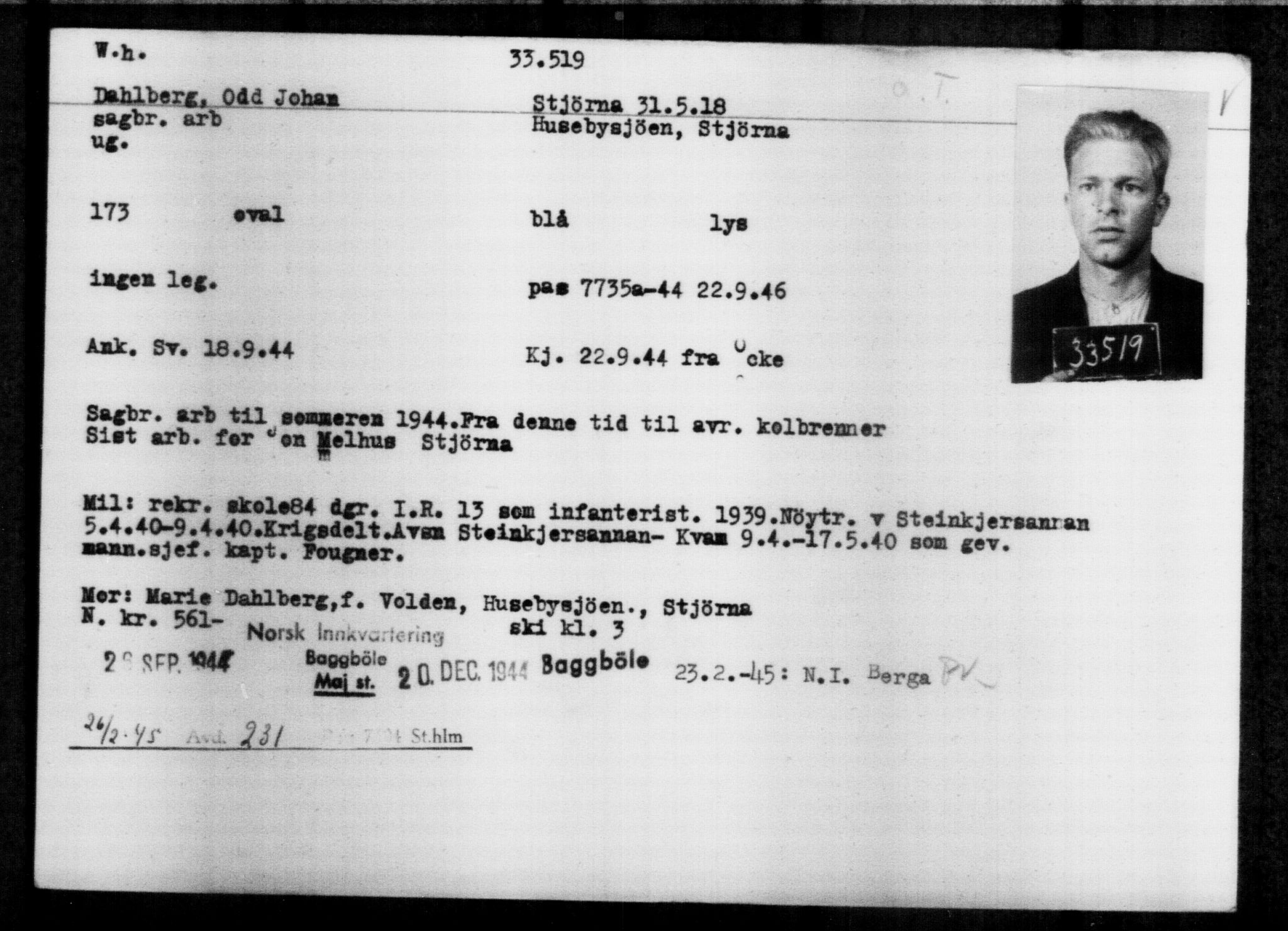 Utenriksstasjonene, Legasjonen i Stockholm, Flyktningkontoret, AV/RA-S-6753/V/Va/L0013: Kjesäterkartoteket, flyktninger med registreringsnr. 31500-34731, 1940-1945, s. 2127