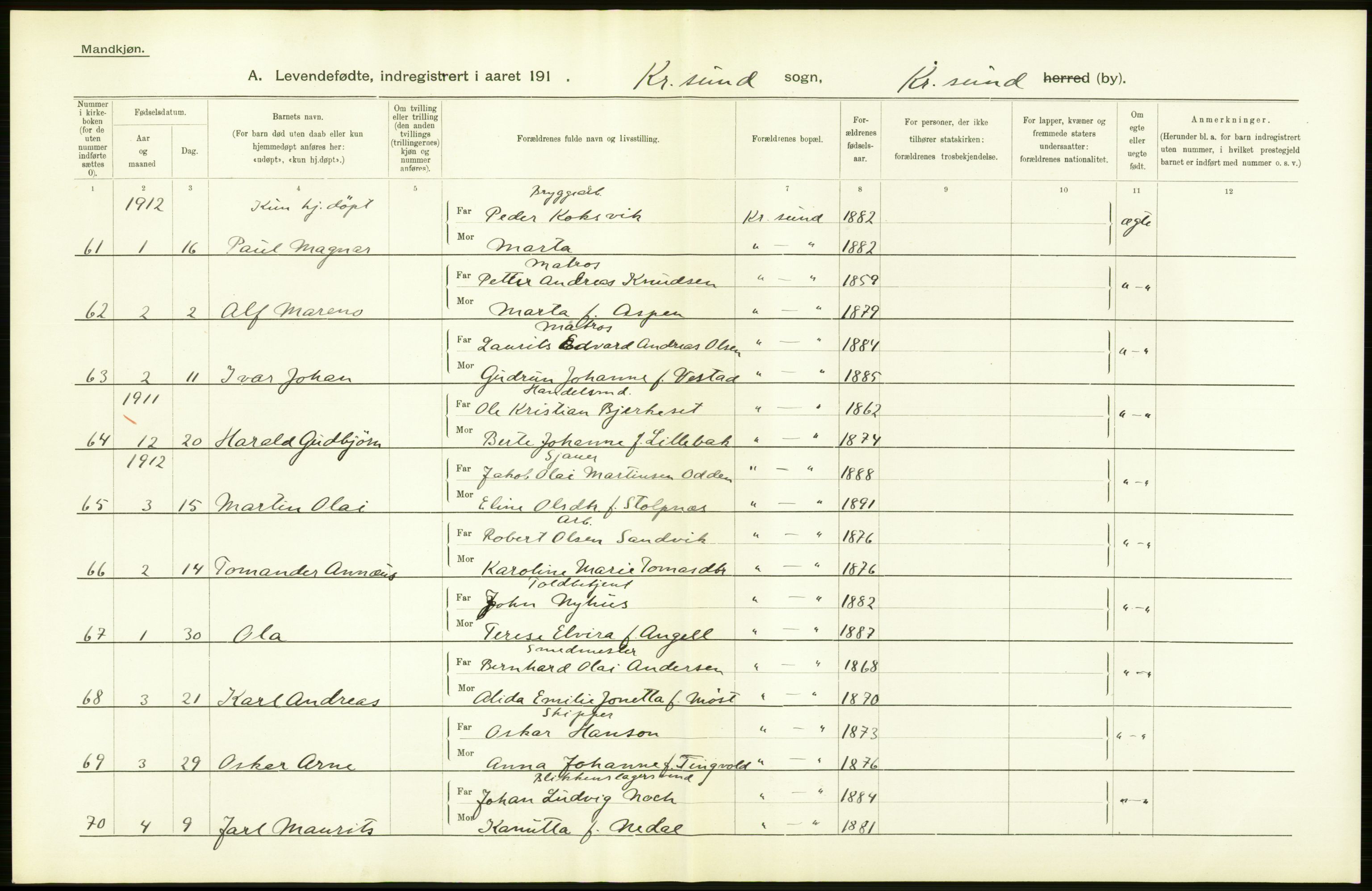Statistisk sentralbyrå, Sosiodemografiske emner, Befolkning, AV/RA-S-2228/D/Df/Dfb/Dfbb/L0038: Romsdals amt: Levendefødte menn og kvinner. Bygder og byer samt gifte. Bygder og byer., 1912, s. 16