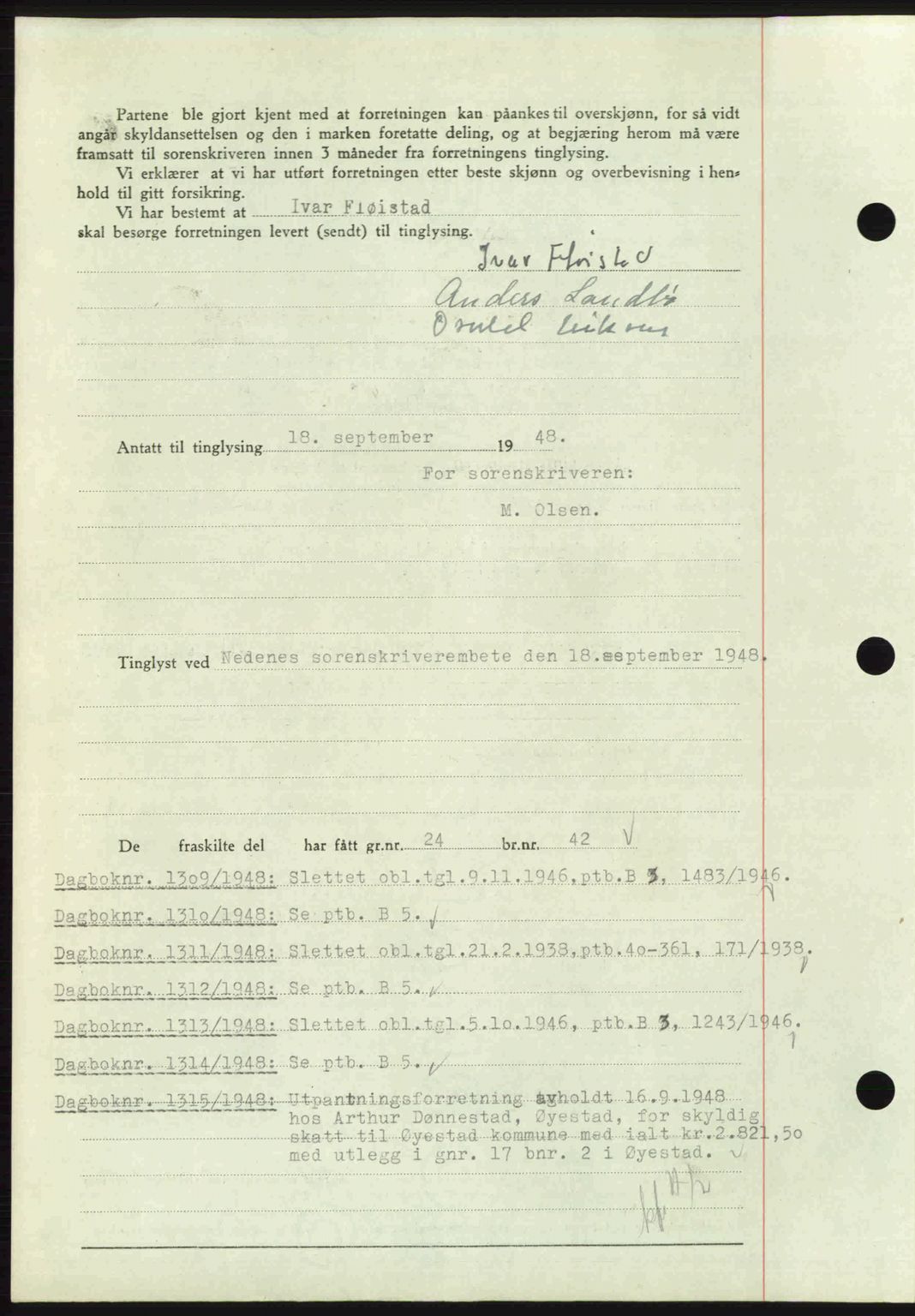 Nedenes sorenskriveri, AV/SAK-1221-0006/G/Gb/Gba/L0059: Pantebok nr. A11, 1948-1948, Dagboknr: 1308/1948