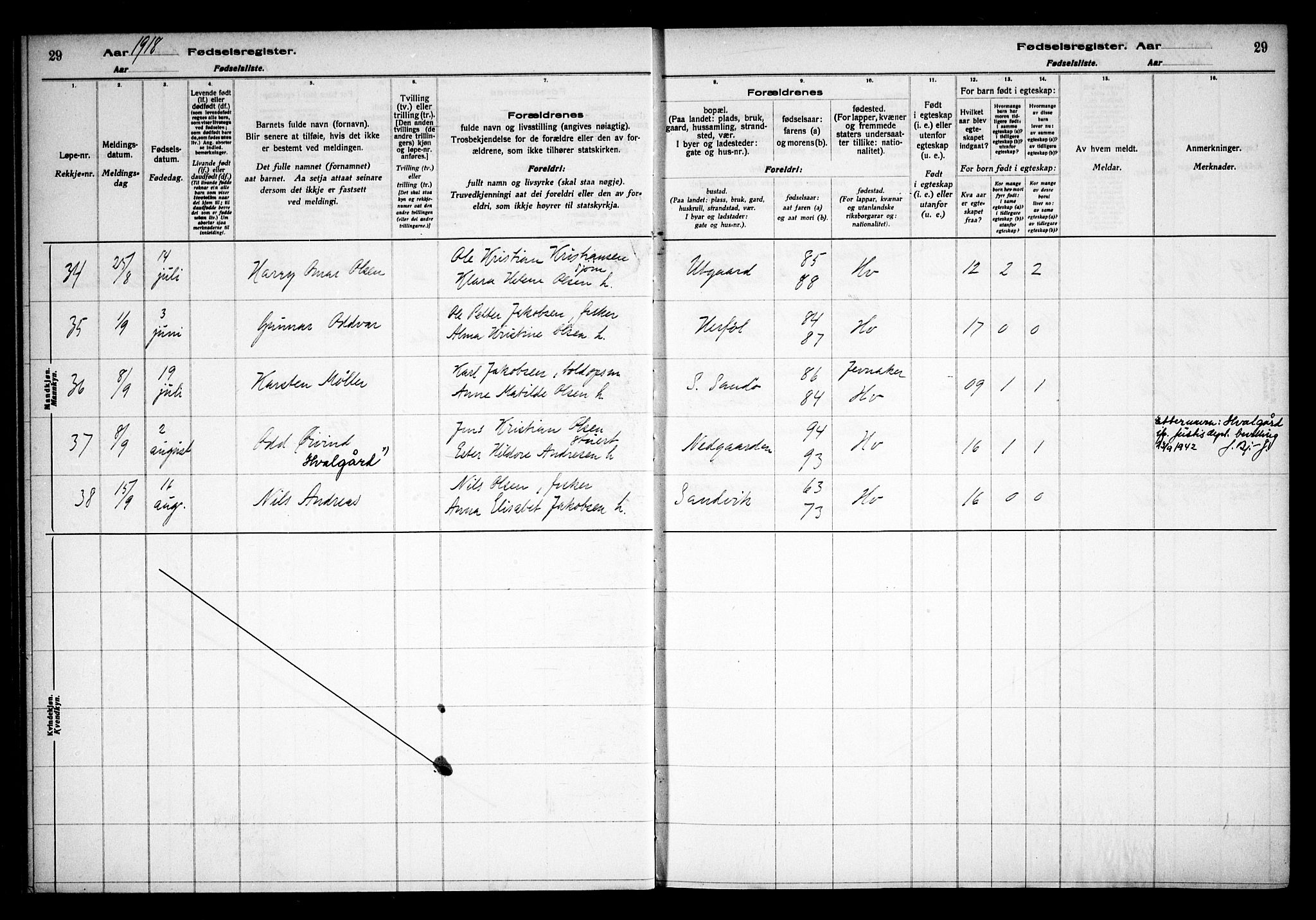 Hvaler prestekontor Kirkebøker, AV/SAO-A-2001/J/Ja/L0001: Fødselsregister nr. I 1, 1916-1938, s. 29