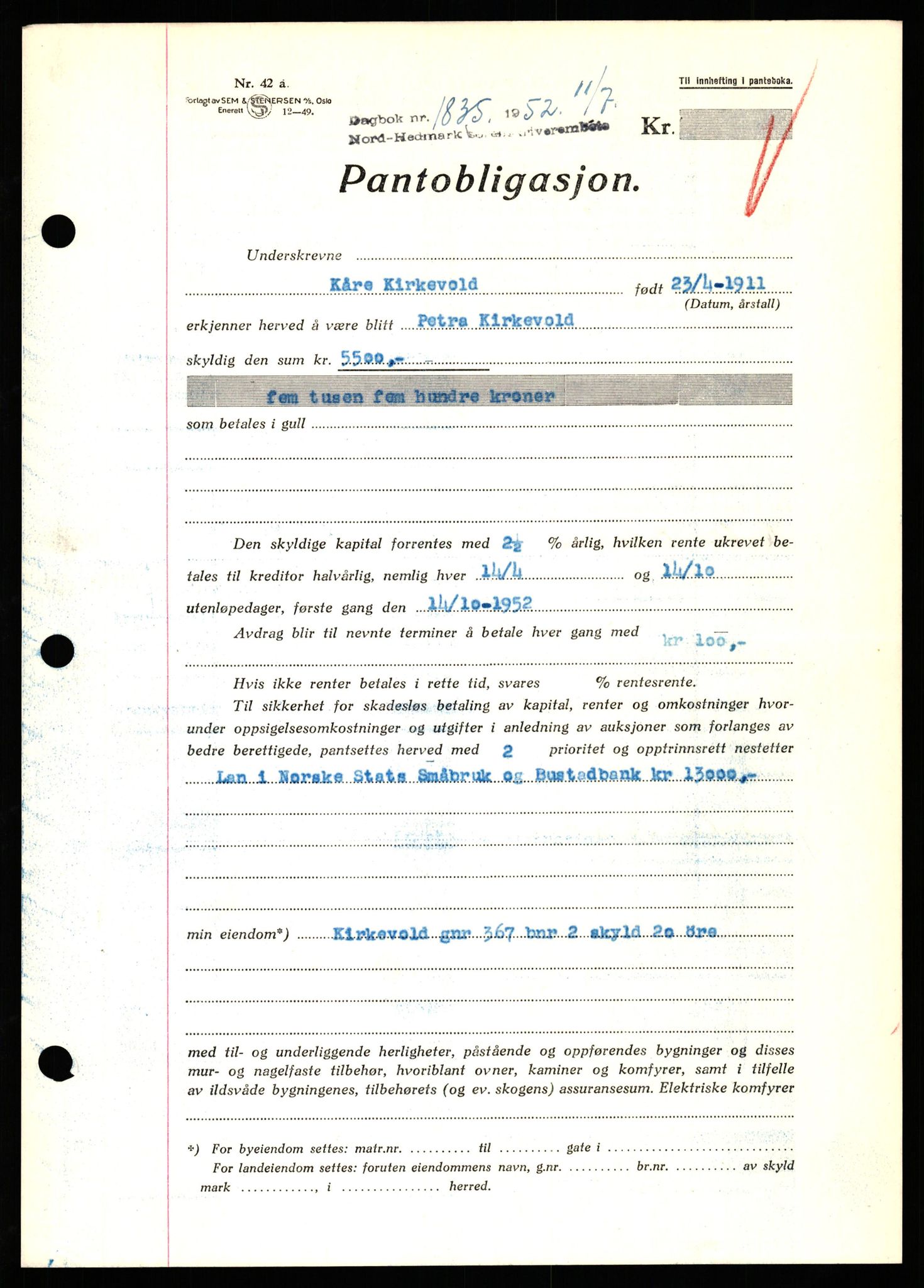 Nord-Hedmark sorenskriveri, SAH/TING-012/H/Hb/Hbf/L0025: Pantebok nr. B25, 1952-1952, Dagboknr: 1835/1952