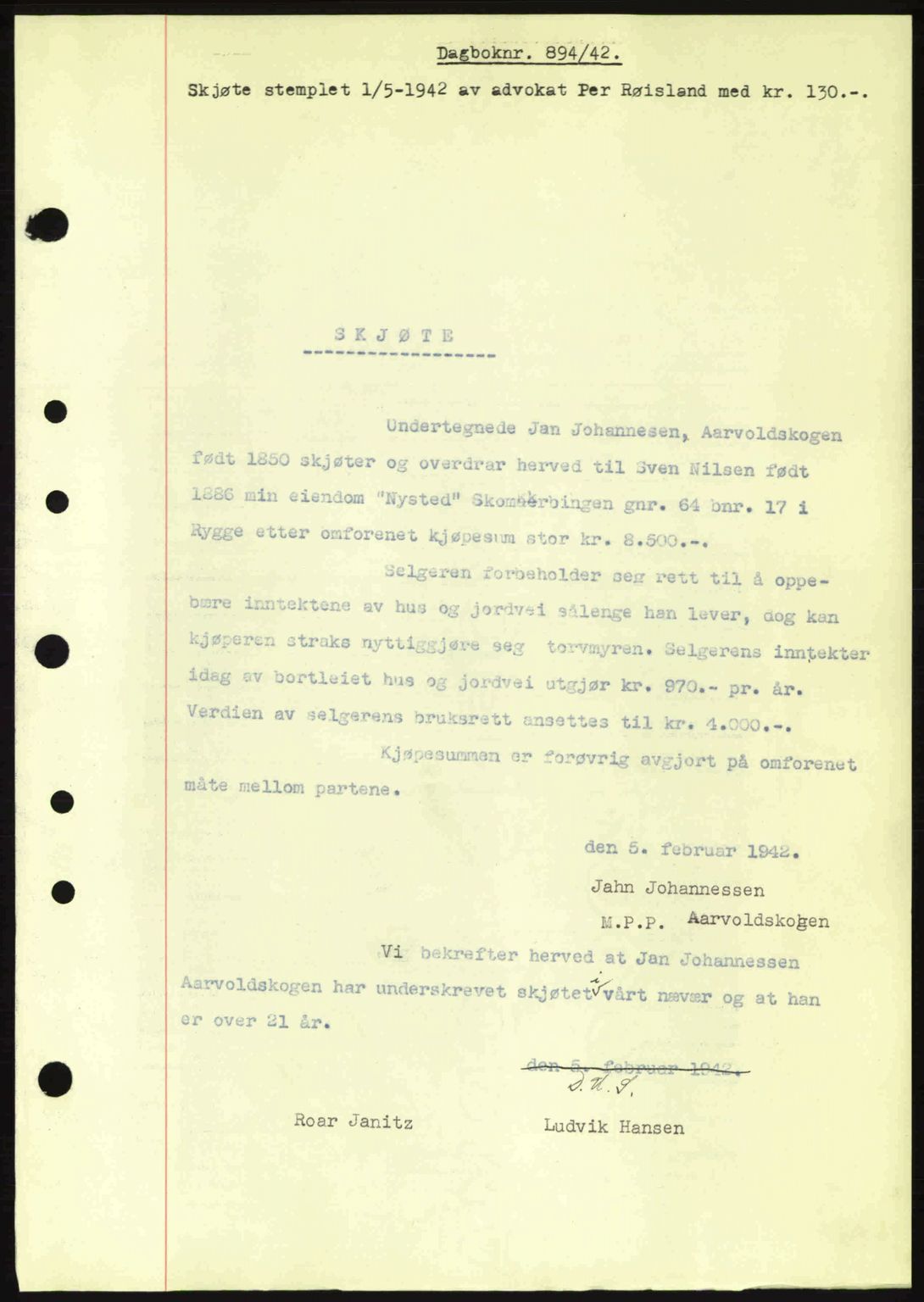 Moss sorenskriveri, SAO/A-10168: Pantebok nr. A9, 1941-1942, Dagboknr: 894/1942