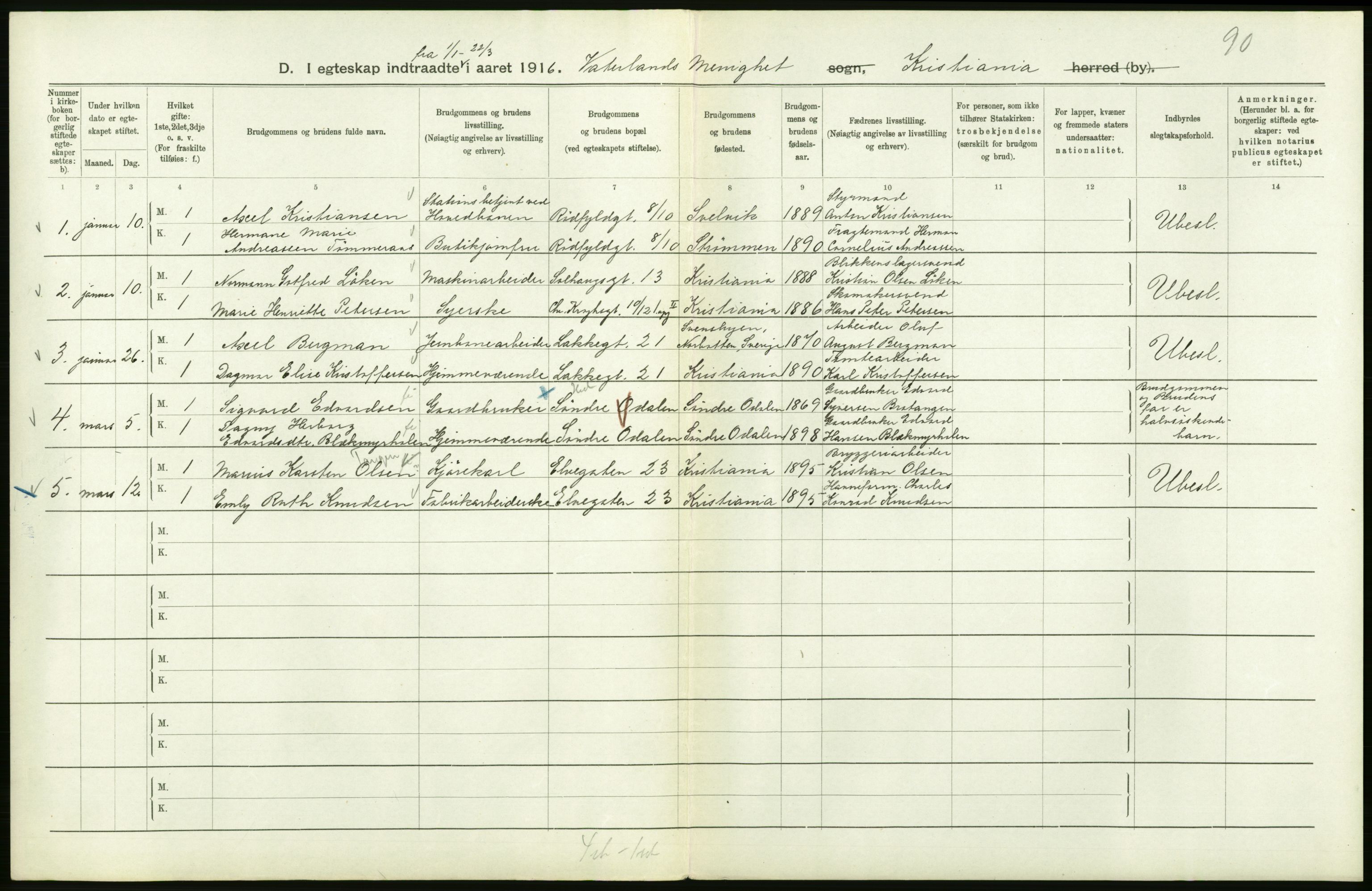 Statistisk sentralbyrå, Sosiodemografiske emner, Befolkning, AV/RA-S-2228/D/Df/Dfb/Dfbf/L0008: Kristiania: Gifte, 1916, s. 856