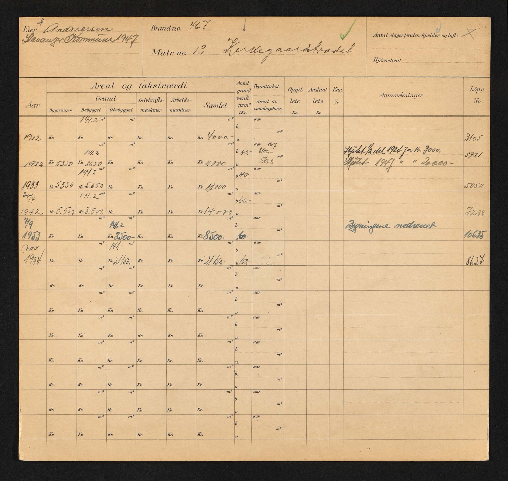 Stavanger kommune. Skattetakstvesenet, BYST/A-0440/F/Fa/Faa/L0025/0001: Skattetakstkort / Kirkegårdsveien 3 - Kirkestien - Kjelvene - Kjøpmann Schanche Jonasens gate 6