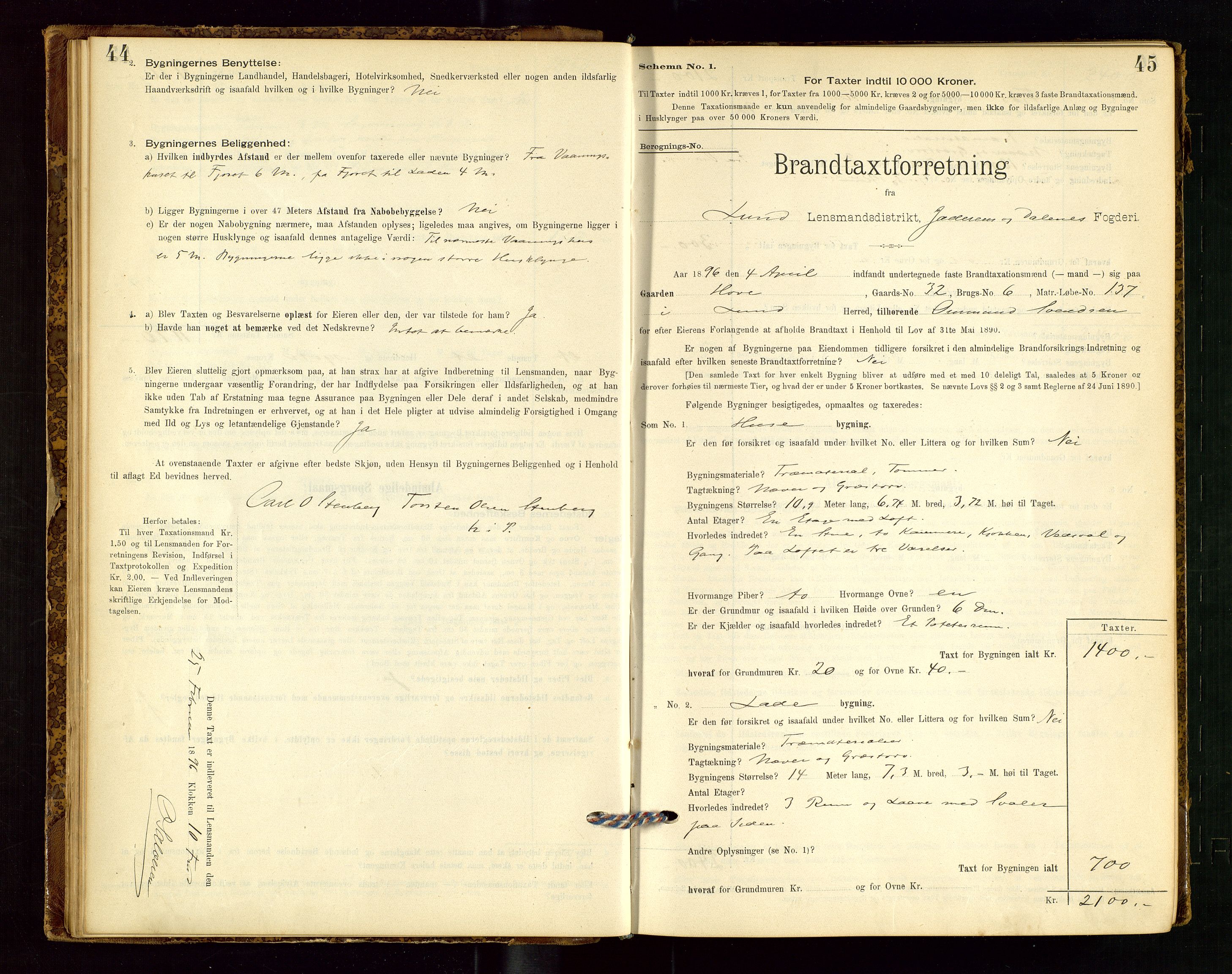 Lund lensmannskontor, AV/SAST-A-100303/Gob/L0001: "Brandtakstprotokol", 1894-1907, s. 44-45