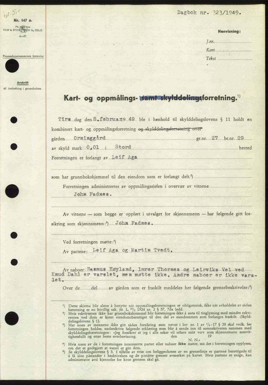 Sunnhordland sorenskrivar, AV/SAB-A-2401: Pantebok nr. A88, 1948-1949, Dagboknr: 323/1949