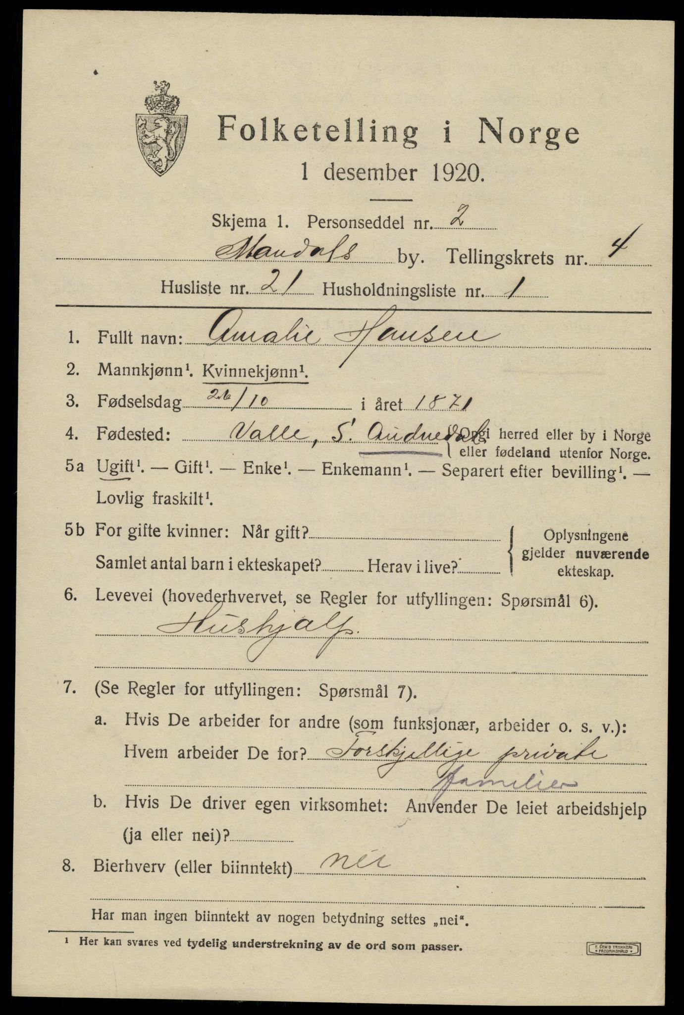 SAK, Folketelling 1920 for 1002 Mandal ladested, 1920, s. 7239