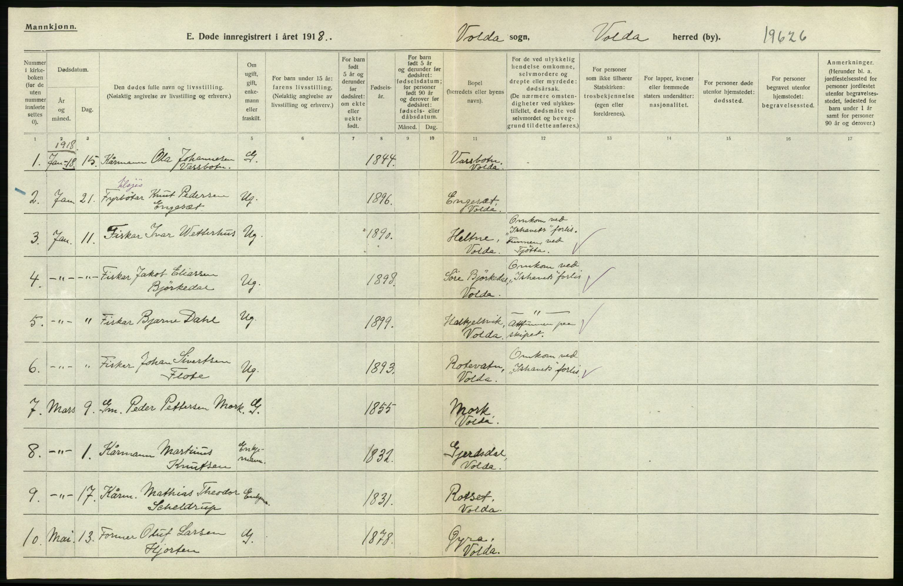 Statistisk sentralbyrå, Sosiodemografiske emner, Befolkning, RA/S-2228/D/Df/Dfb/Dfbh/L0045: Møre fylke: Døde. Bygder og byer., 1918, s. 330