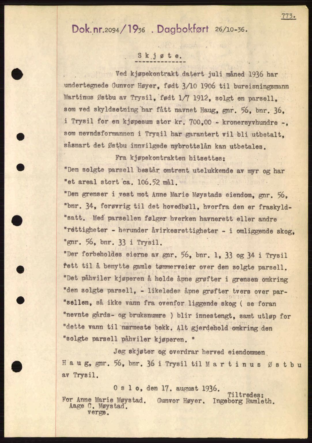 Sør-Østerdal sorenskriveri, SAH/TING-018/H/Hb/Hbb/L0054: Pantebok nr. A54, 1936-1936, Dagboknr: 2094/1936