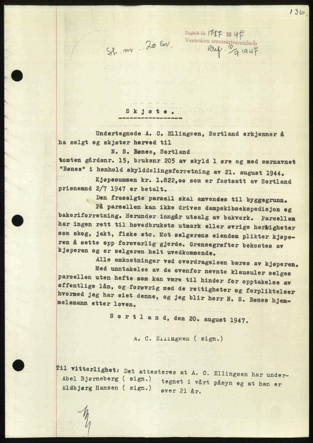 Vesterålen sorenskriveri, SAT/A-4180/1/2/2Ca: Pantebok nr. A21, 1947-1947, Dagboknr: 1787/1947