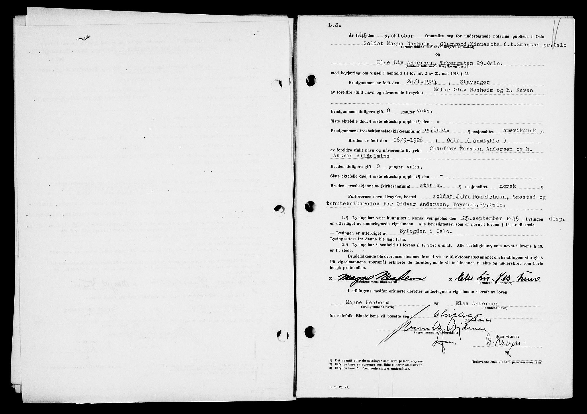 Oslo byfogd avd. I, AV/SAO-A-10220/L/Lb/Lbb/L0055: Notarialprotokoll, rekke II: Vigsler, 1945-1946