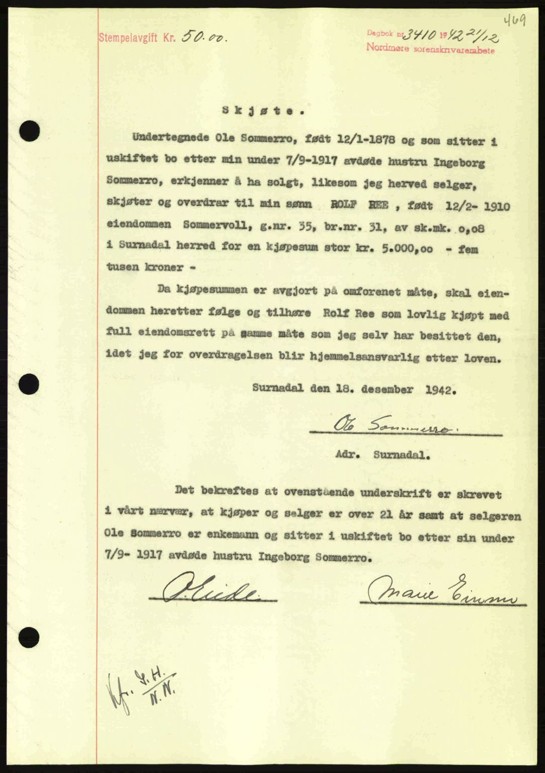 Nordmøre sorenskriveri, AV/SAT-A-4132/1/2/2Ca: Pantebok nr. A94, 1942-1943, Dagboknr: 3410/1942