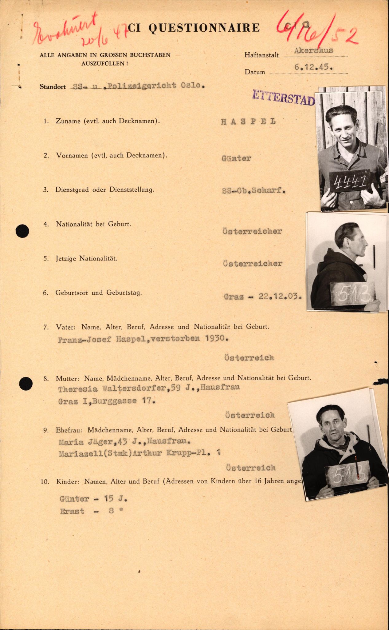 Forsvaret, Forsvarets overkommando II, AV/RA-RAFA-3915/D/Db/L0038: CI Questionaires. Tyske okkupasjonsstyrker i Norge. Østerrikere., 1945-1946, s. 411