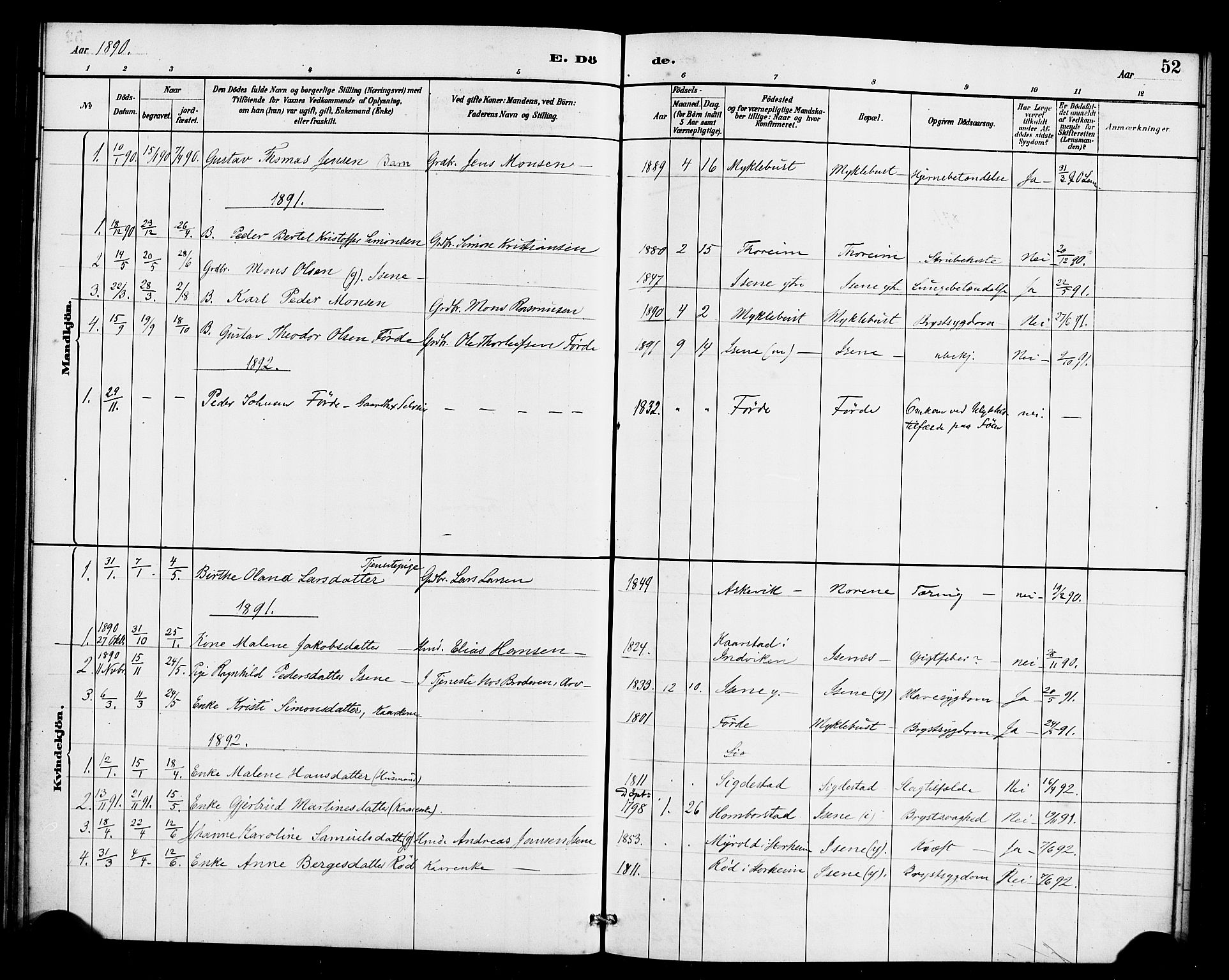 Davik sokneprestembete, SAB/A-79701/H/Haa/Haae/L0001: Ministerialbok nr. E 1, 1882-1900, s. 52