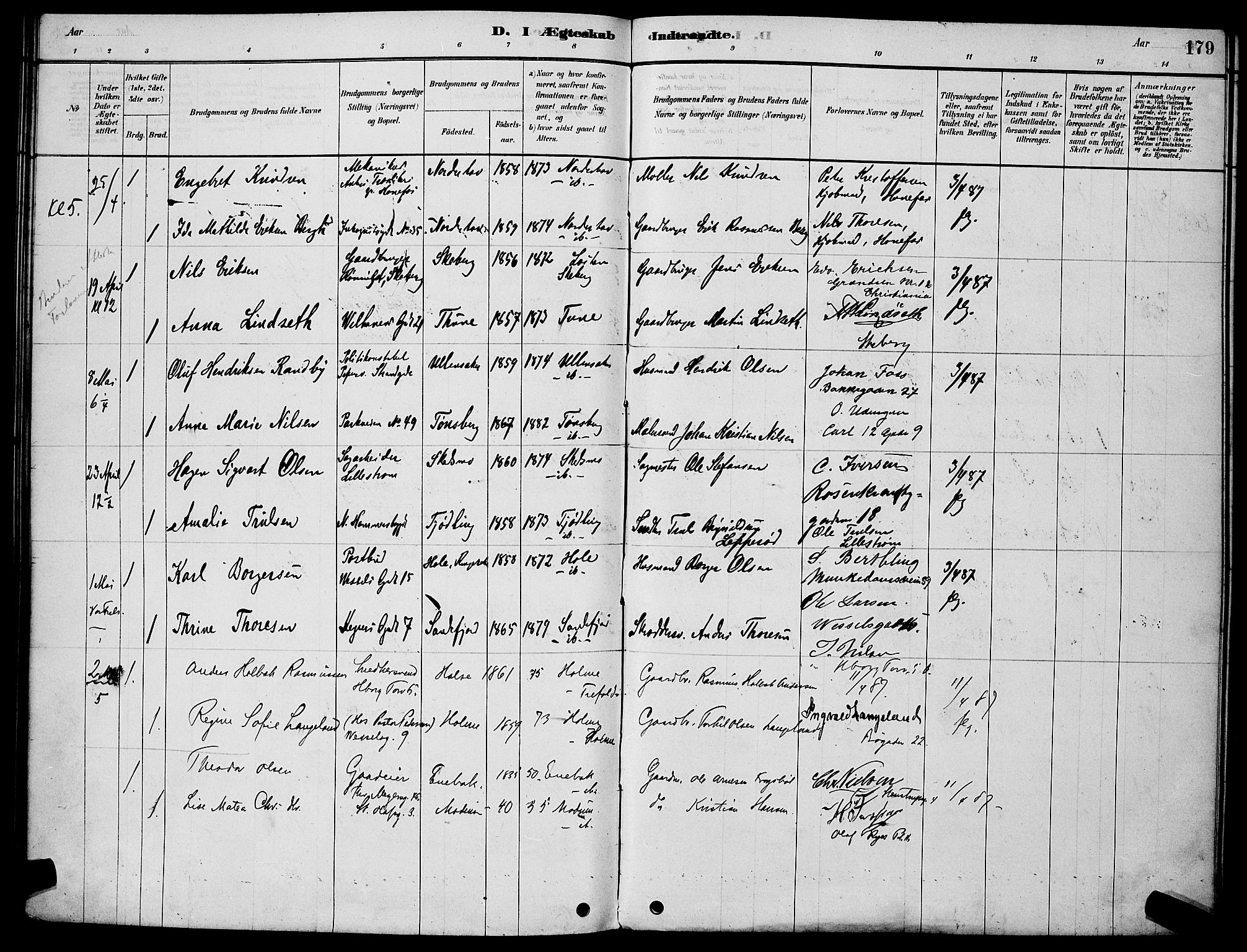Trefoldighet prestekontor Kirkebøker, AV/SAO-A-10882/H/Ha/L0003: Lysningsprotokoll nr. 3, 1878-1888, s. 179