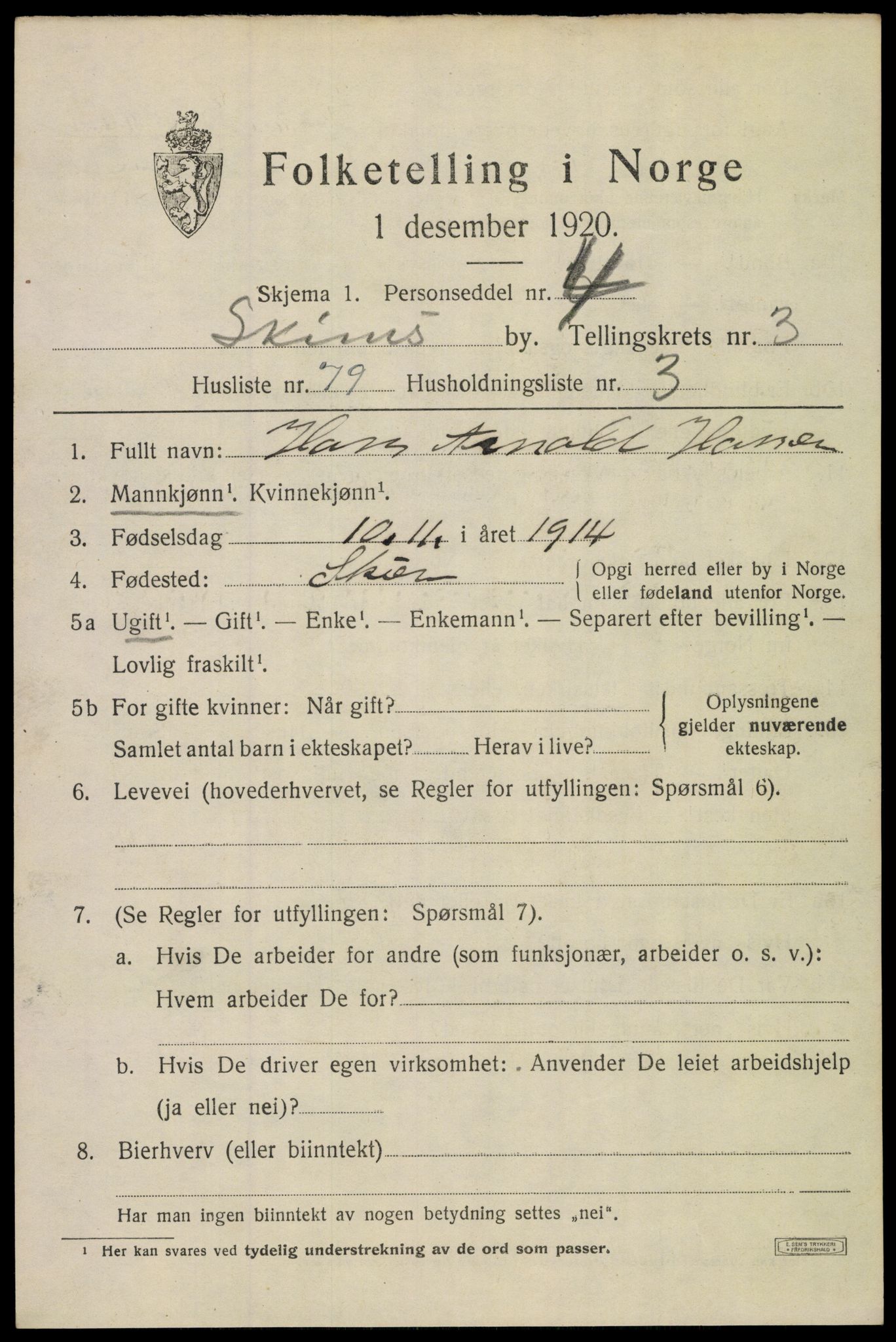 SAKO, Folketelling 1920 for 0806 Skien kjøpstad, 1920, s. 16120