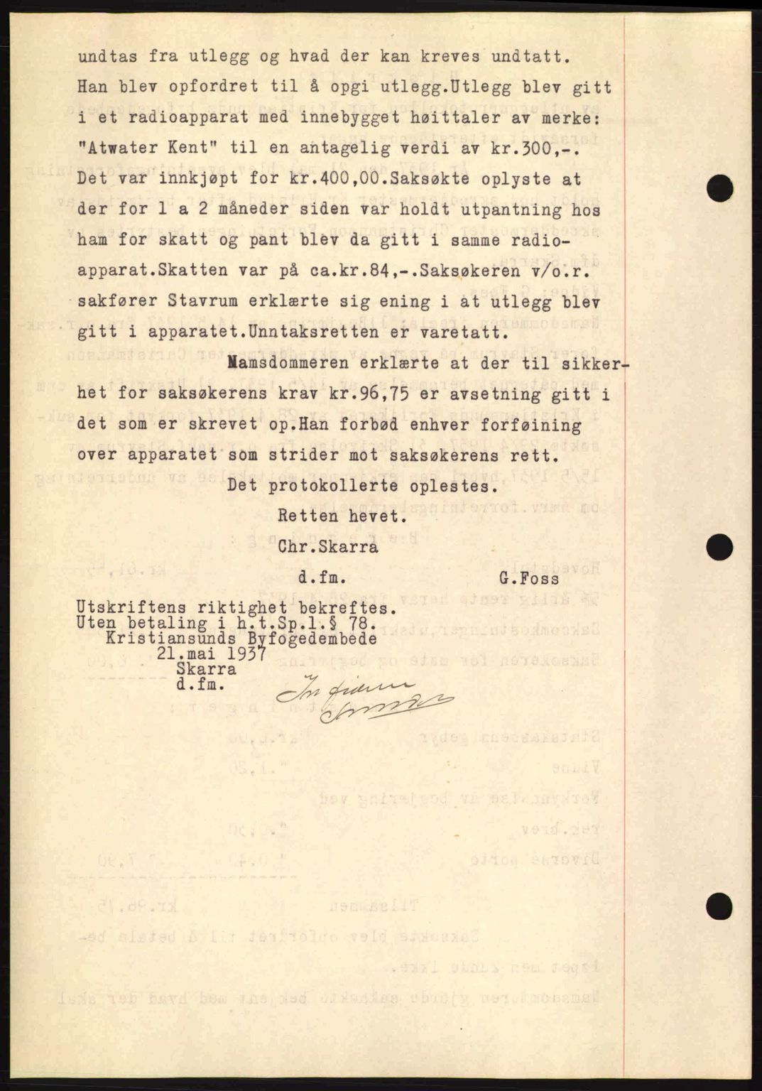 Kristiansund byfogd, AV/SAT-A-4587/A/27: Pantebok nr. 29, 1936-1937, Dagboknr: 295/1937