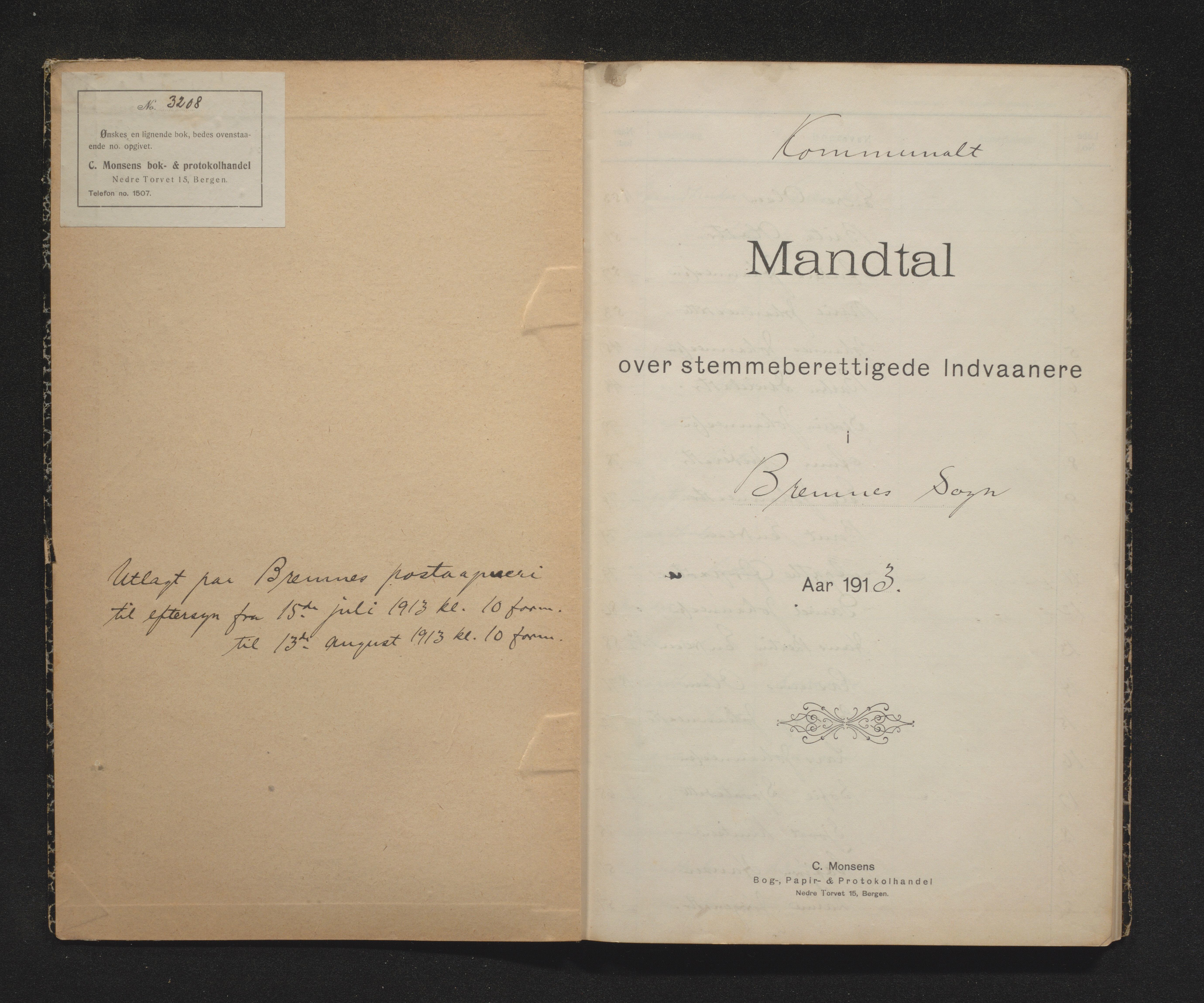 Finnaas kommune. Valstyret, IKAH/1218a-011/F/Fa/L0006: Manntal over røysteføre i Bremnes sokn, 1913