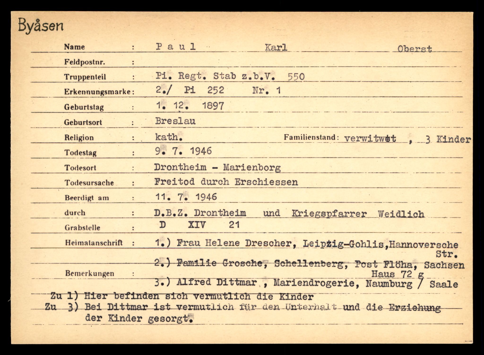 Distriktskontoret for krigsgraver, AV/SAT-A-5030/E/L0004: Kasett/kartotek over tysk Krigskirkegård på Byåsen, 1945, s. 1289