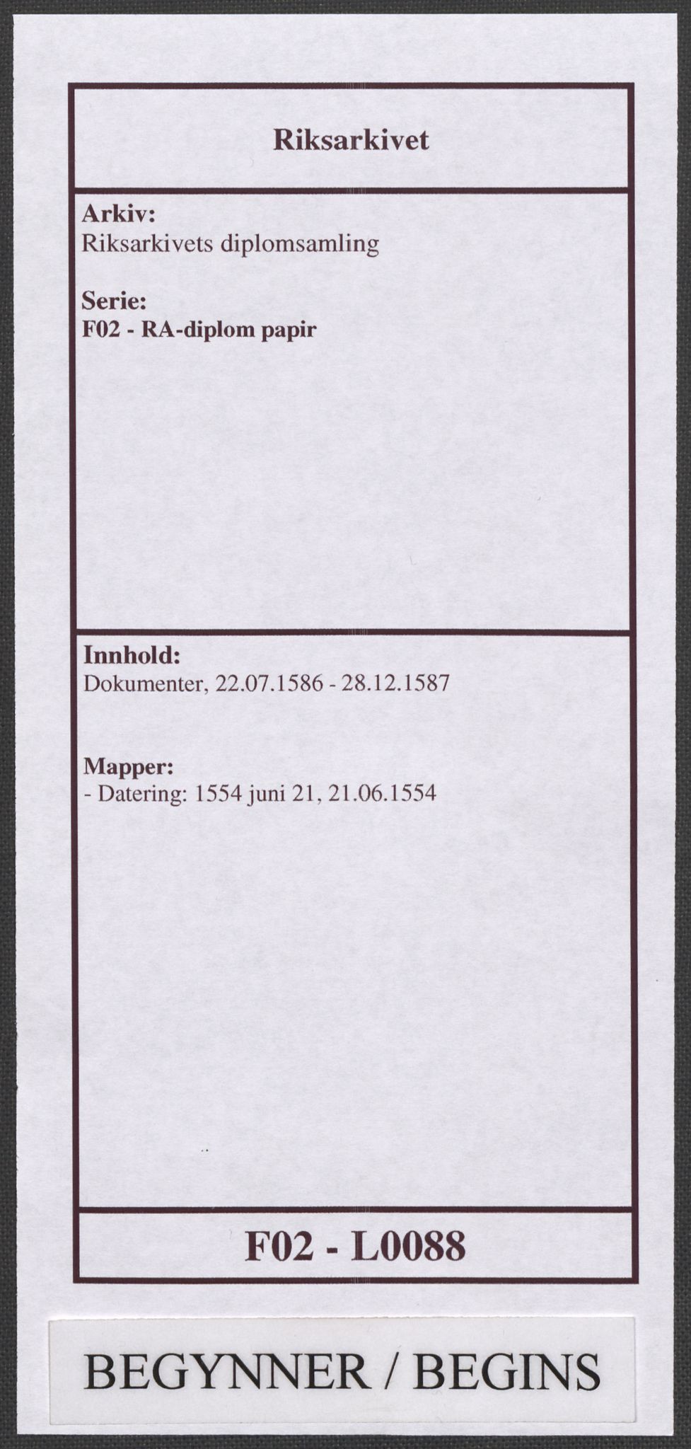 Riksarkivets diplomsamling, RA/EA-5965/F02/L0088: Dokumenter, 1586-1587, s. 1