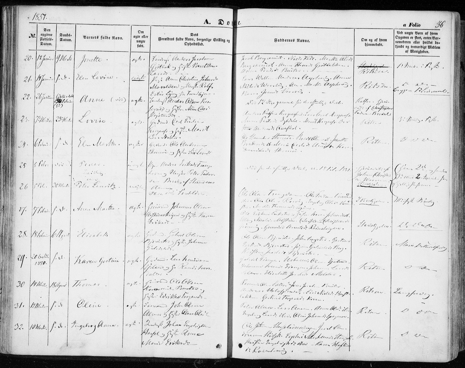 Ministerialprotokoller, klokkerbøker og fødselsregistre - Sør-Trøndelag, SAT/A-1456/646/L0611: Ministerialbok nr. 646A09, 1848-1857, s. 36