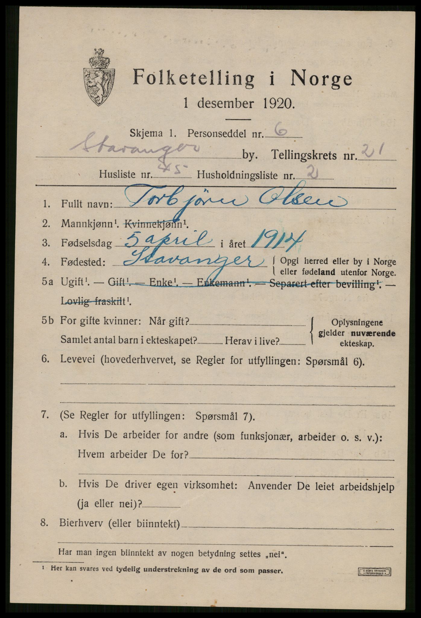 SAST, Folketelling 1920 for 1103 Stavanger kjøpstad, 1920, s. 72712