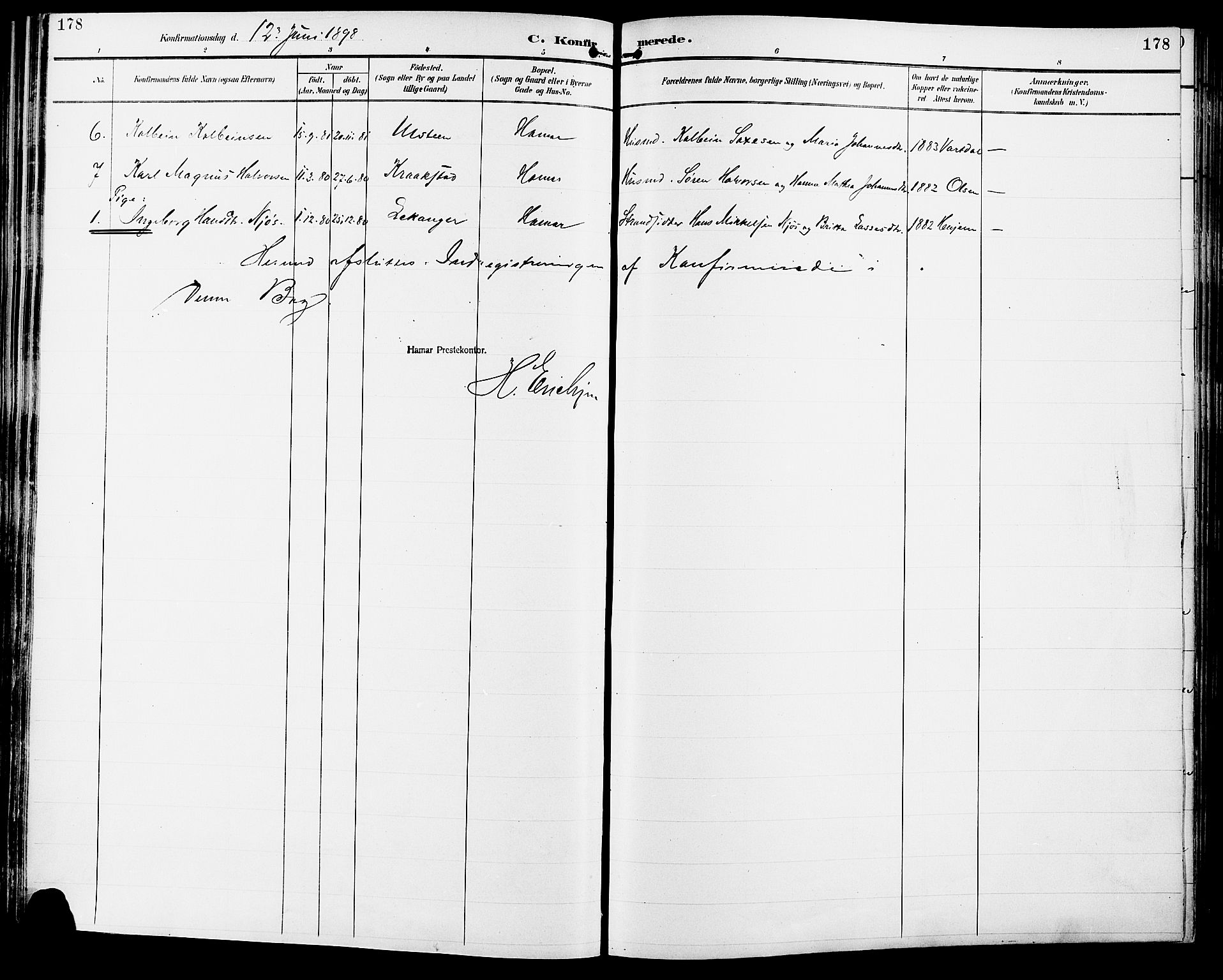 Vang prestekontor, Hedmark, SAH/PREST-008/H/Ha/Haa/L0017: Ministerialbok nr. 17, 1890-1899, s. 178