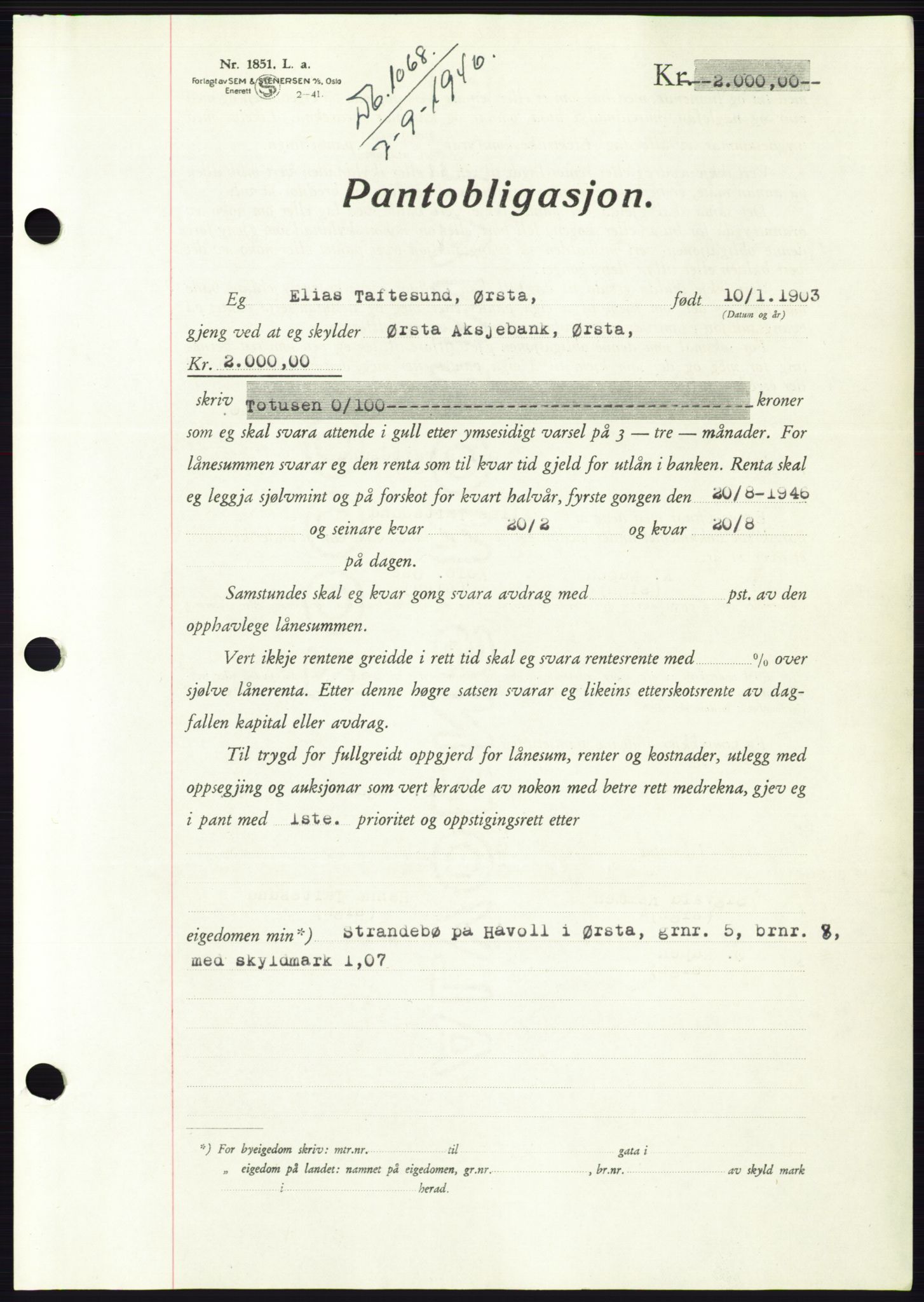 Søre Sunnmøre sorenskriveri, AV/SAT-A-4122/1/2/2C/L0114: Pantebok nr. 1-2B, 1943-1947, Dagboknr: 1068/1946