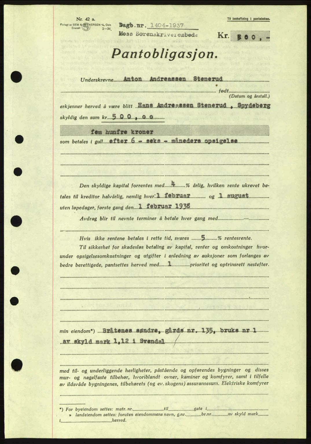 Moss sorenskriveri, SAO/A-10168: Pantebok nr. B4, 1937-1938, Dagboknr: 1404/1937