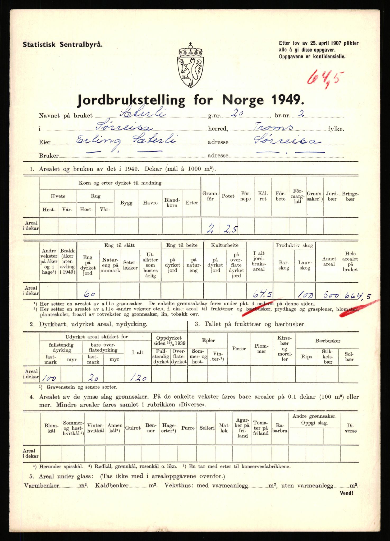 Statistisk sentralbyrå, Næringsøkonomiske emner, Jordbruk, skogbruk, jakt, fiske og fangst, AV/RA-S-2234/G/Gc/L0440: Troms: Sørreisa og Dyrøy, 1949, s. 654