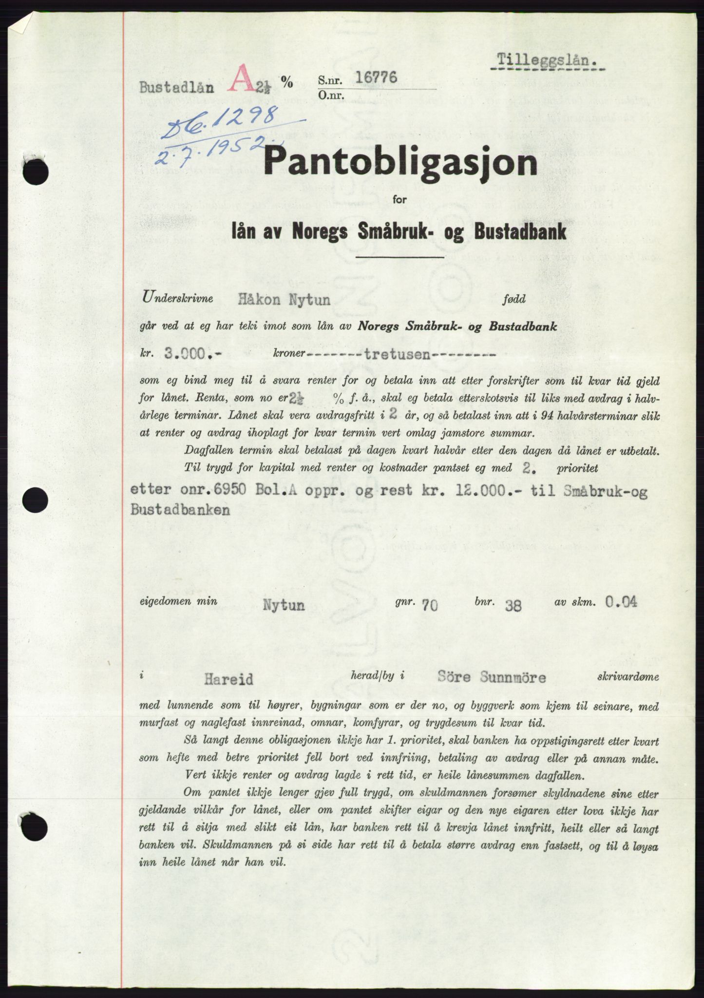 Søre Sunnmøre sorenskriveri, AV/SAT-A-4122/1/2/2C/L0121: Pantebok nr. 9B, 1951-1952, Dagboknr: 1298/1952