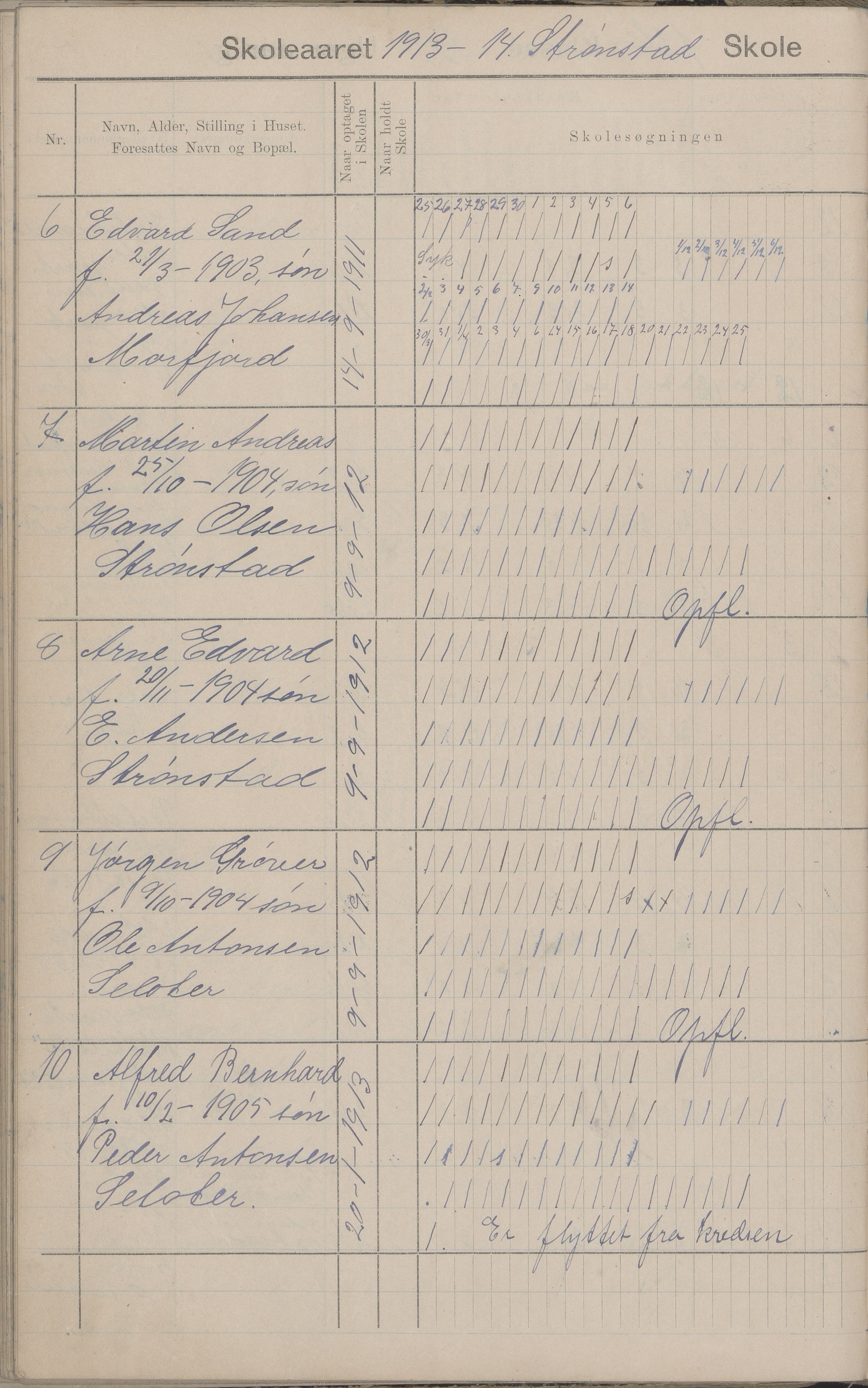 Hadsel kommune. Strønstad skolekrets, AIN/K-18660.510.13/G/L0001: Skoleprotokoll for Strønstad skole - Seloter, 1905-1914