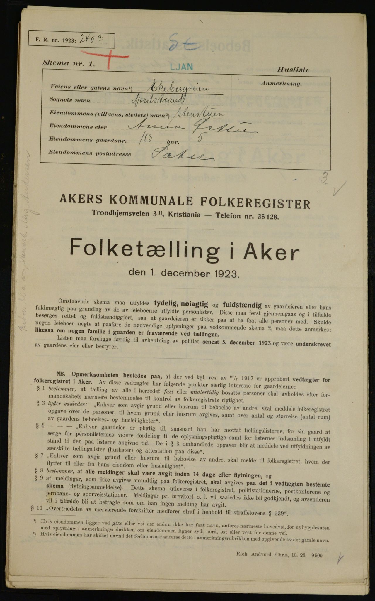 , Kommunal folketelling 1.12.1923 for Aker, 1923, s. 38068